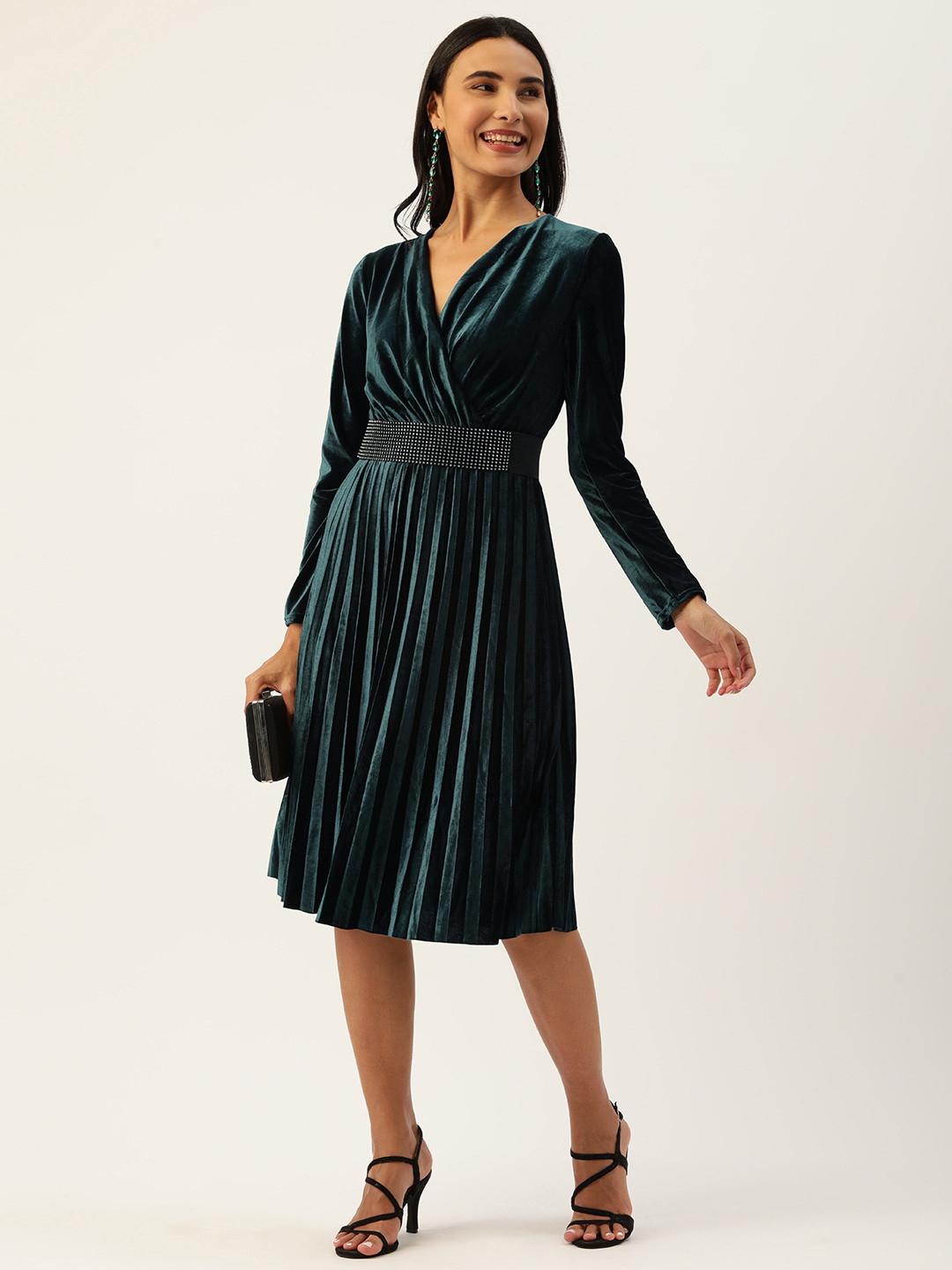 

SHECZZAR Green Solid Velvet Accordion Pleated Midi Wrap Dress with Embellished Belt