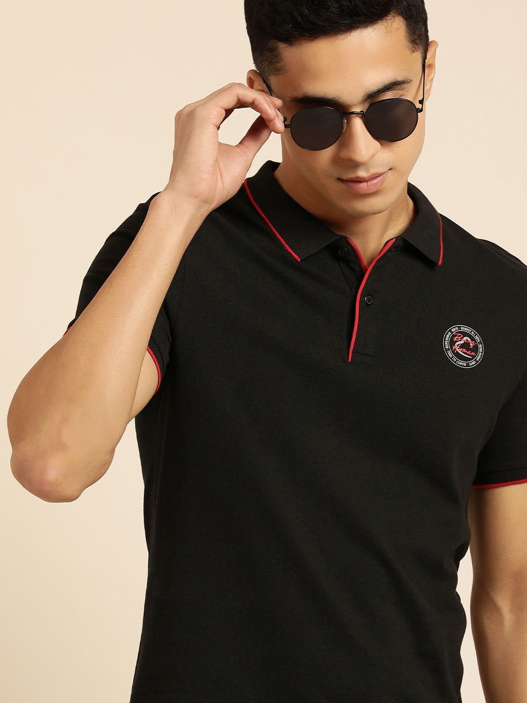 

Being Human Men Black & Red Brand Logo Printed Pure Cotton Polo Collar T-shirt