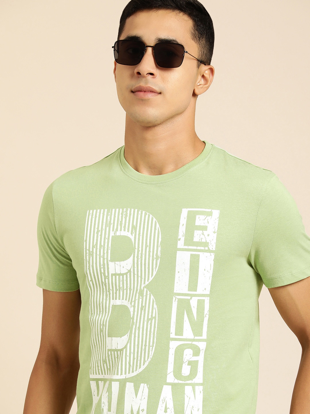 

Being Human Men Olive Green & White Typography Printed Pure Cotton T-shirt