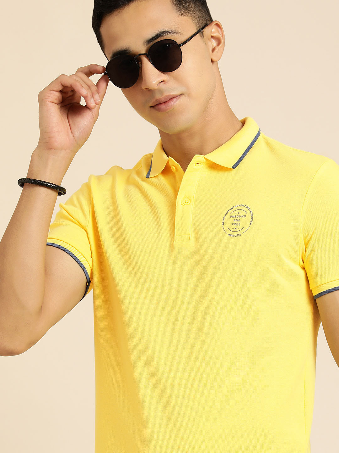

Being Human Men Yellow Brand Logo Striped Pure Cotton Polo Collar T-shirt