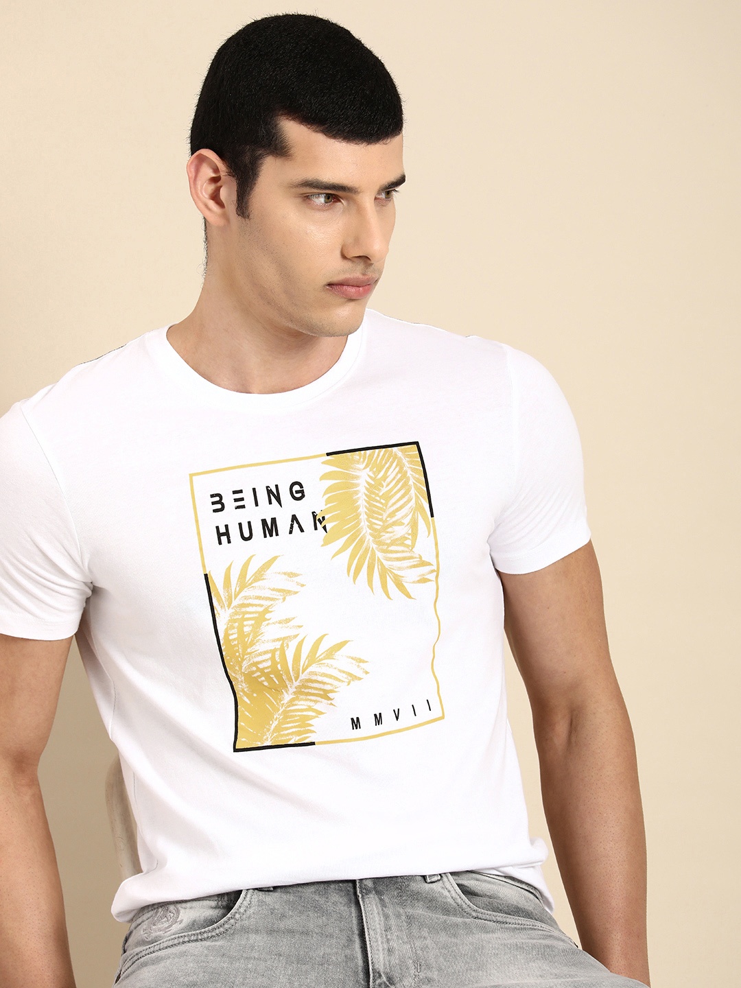 

Being Human Clothing Men Pure Cotton Brand Logo Printed Round Neck T-shirt, White