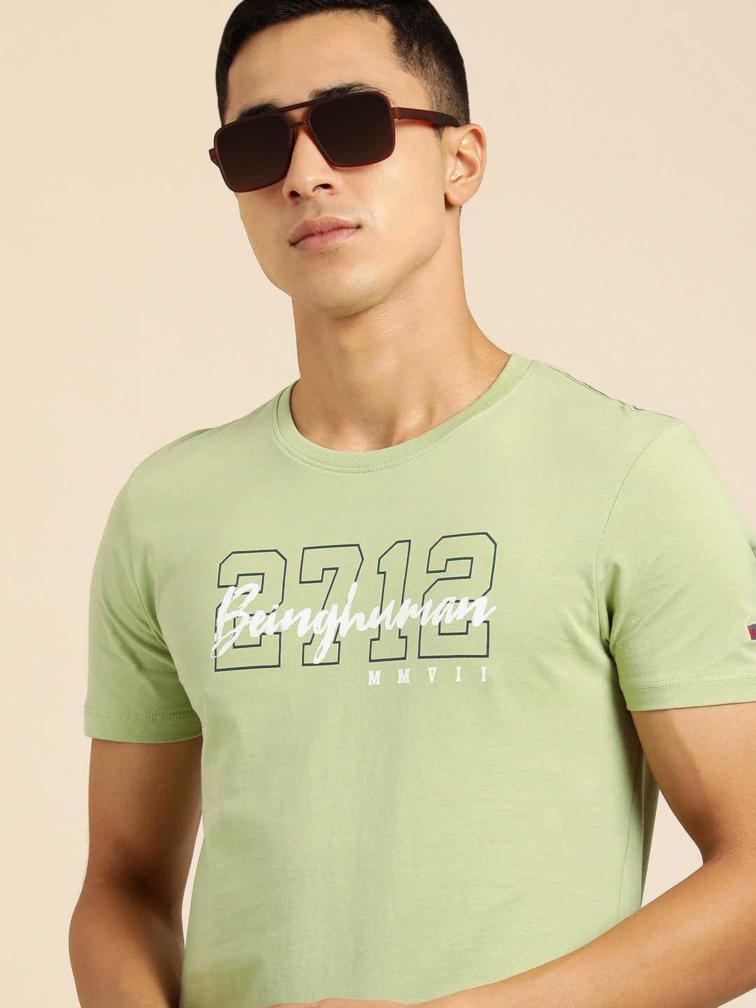 

Being Human Men Sage Green Brand Logo Printed Pure Cotton T-shirt