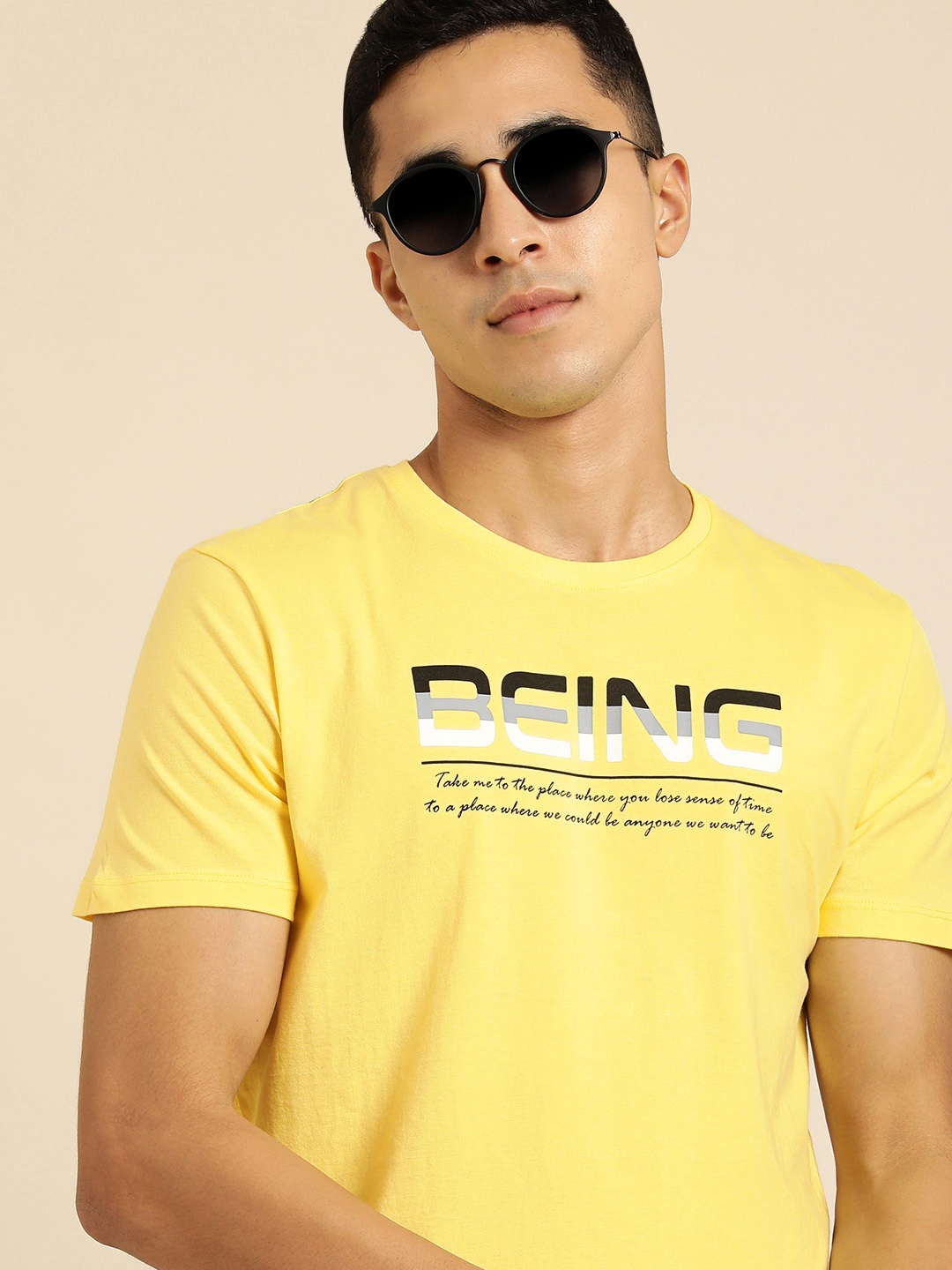 

Being Human Men Yellow & Black Typography Printed Pure Cotton T-shirt