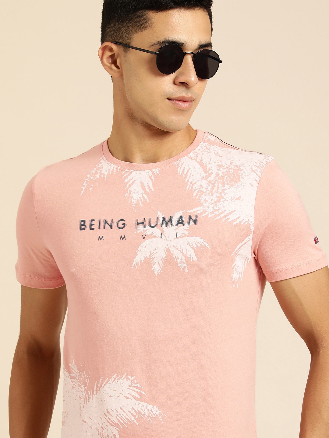 

Being Human Men Peach-Coloured & White Printed Tropical Pure Cotton T-shirt