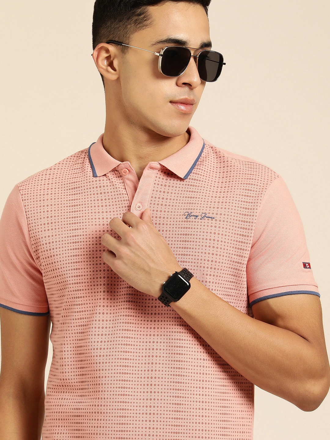 

Being Human Men Pink Self-Design Pure Cotton Polo Collar T-shirt