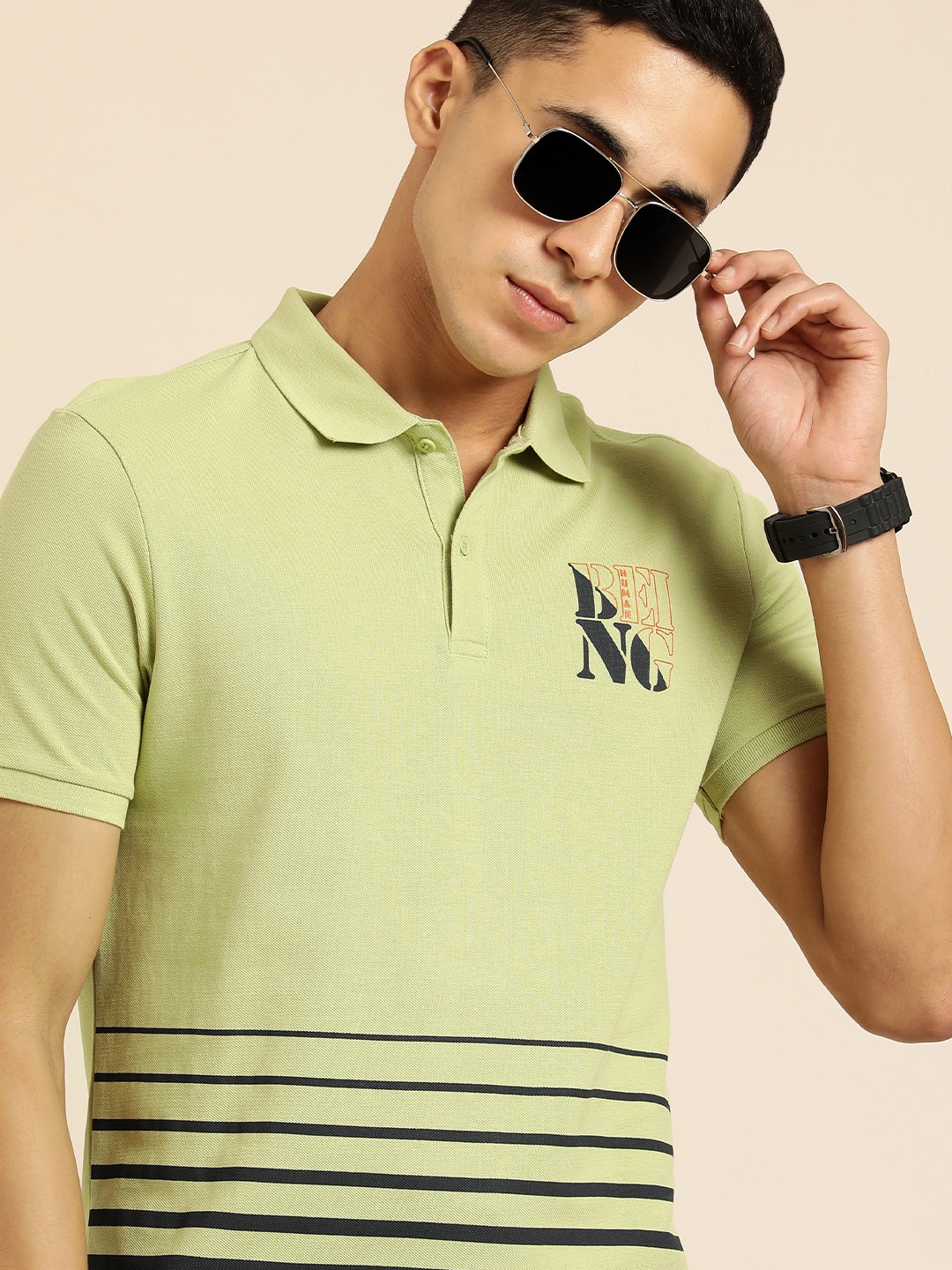 

Being Human Men Green & Black Striped Polo Collar Pure Cotton T-shirt