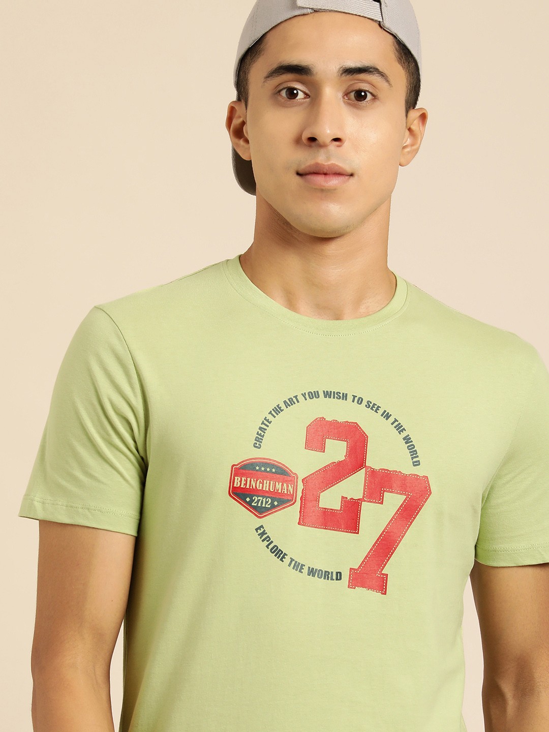 

Being Human Men Olive Green Typography Printed Pure Cotton T-shirt