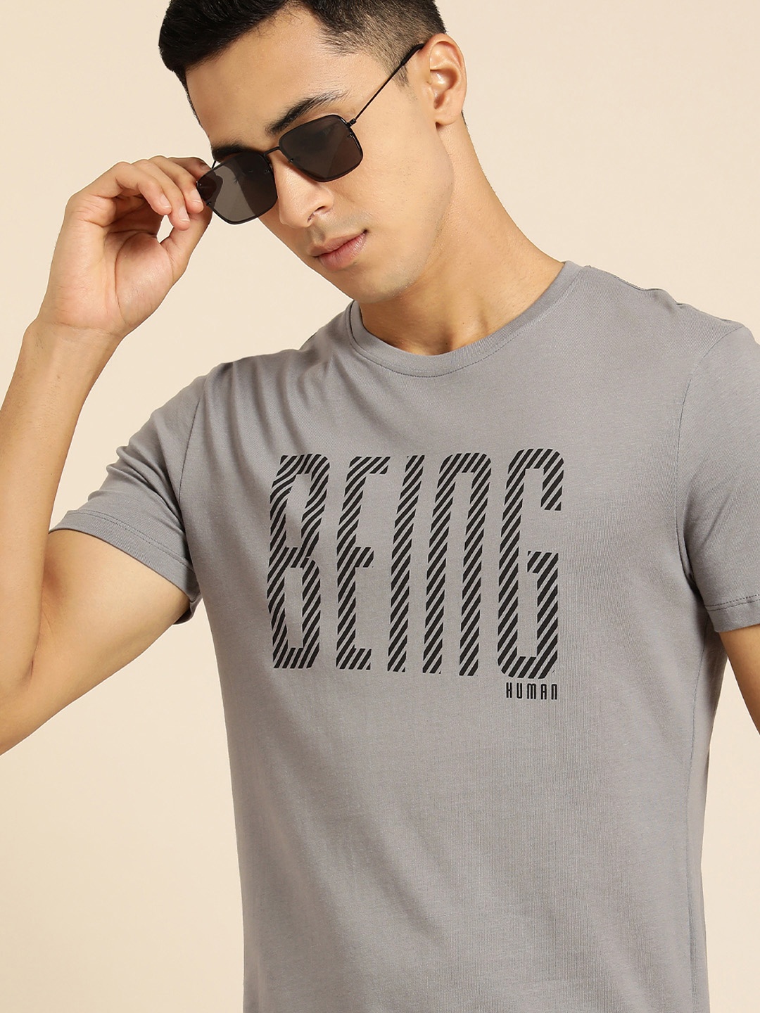 

Being Human Men Grey Brand Logo Printed Pure Cotton T-shirt