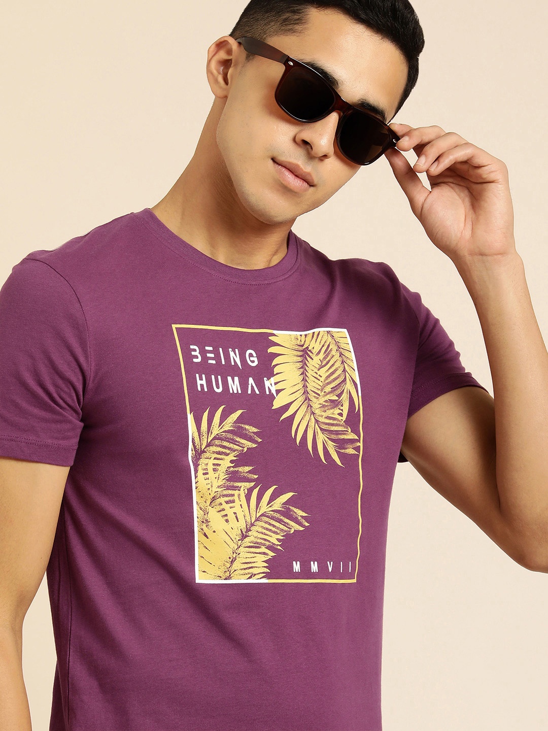 

Being Human Men Magenta Pink & Beige Printed Tropical Pure Cotton T-shirt