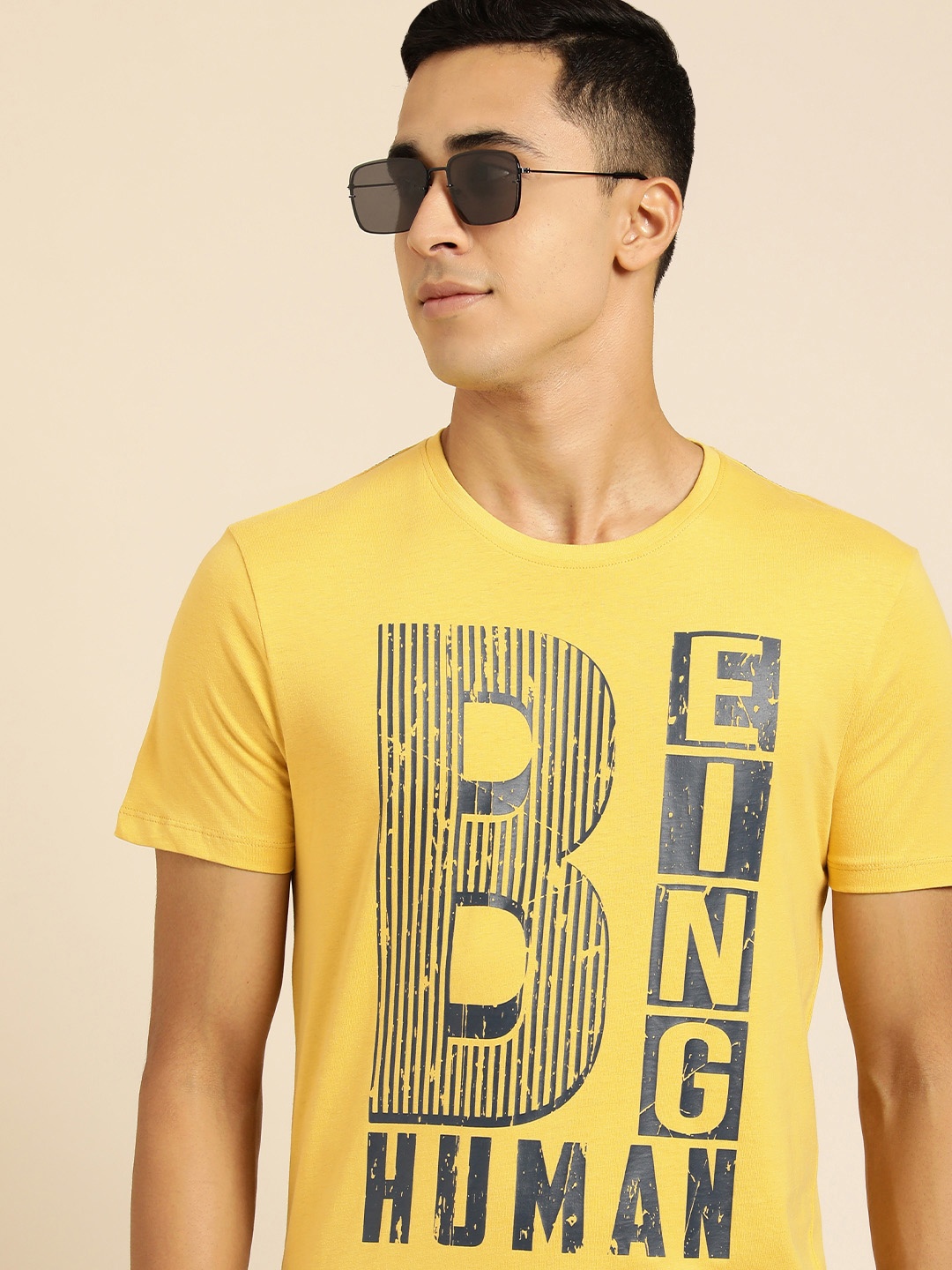 

Being Human Men Yellow Brand Logo Printed Pure Cotton T-shirt
