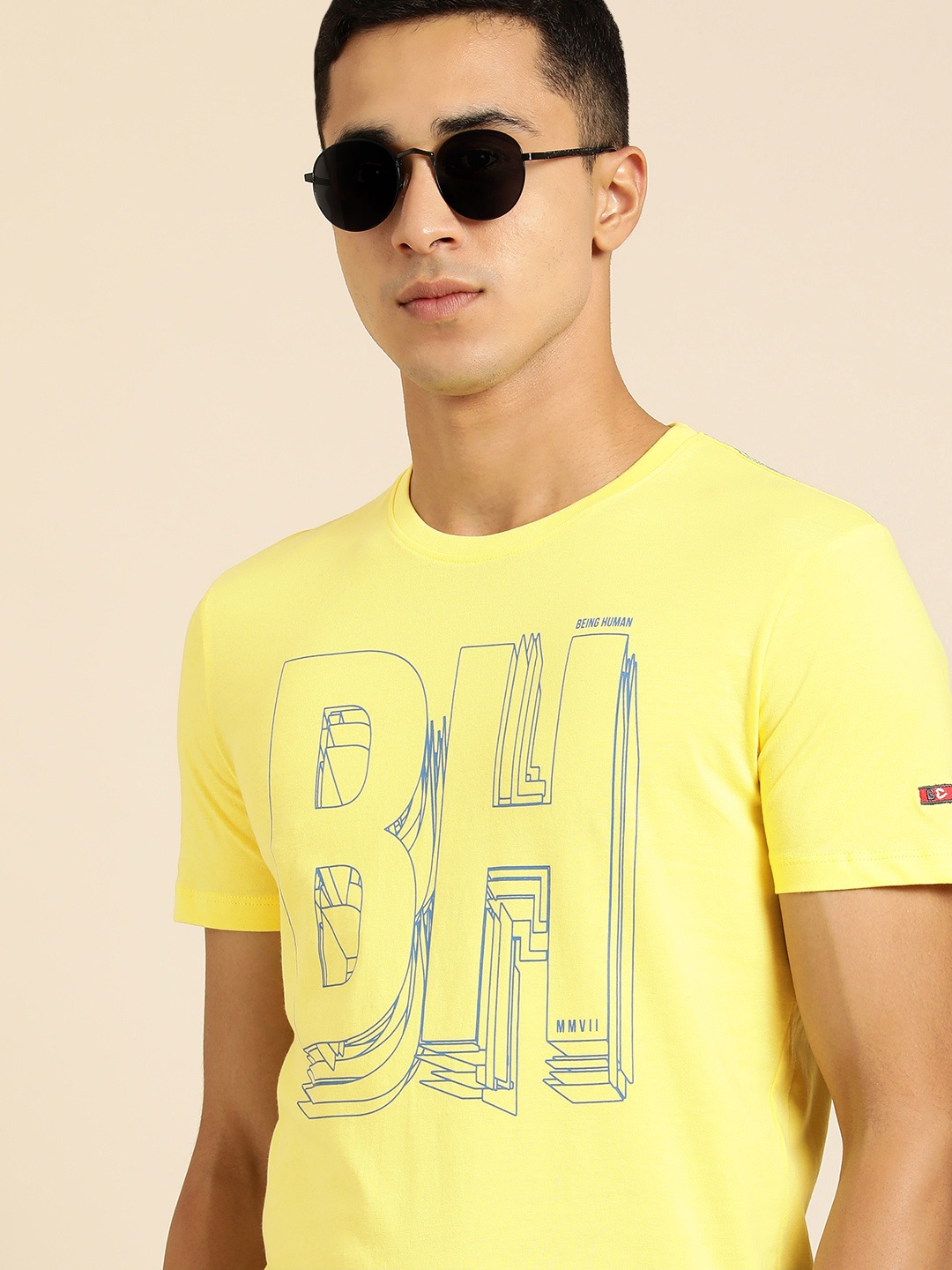 

Being Human Men Yellow & Blue Typography Printed Pure Cotton T-shirt