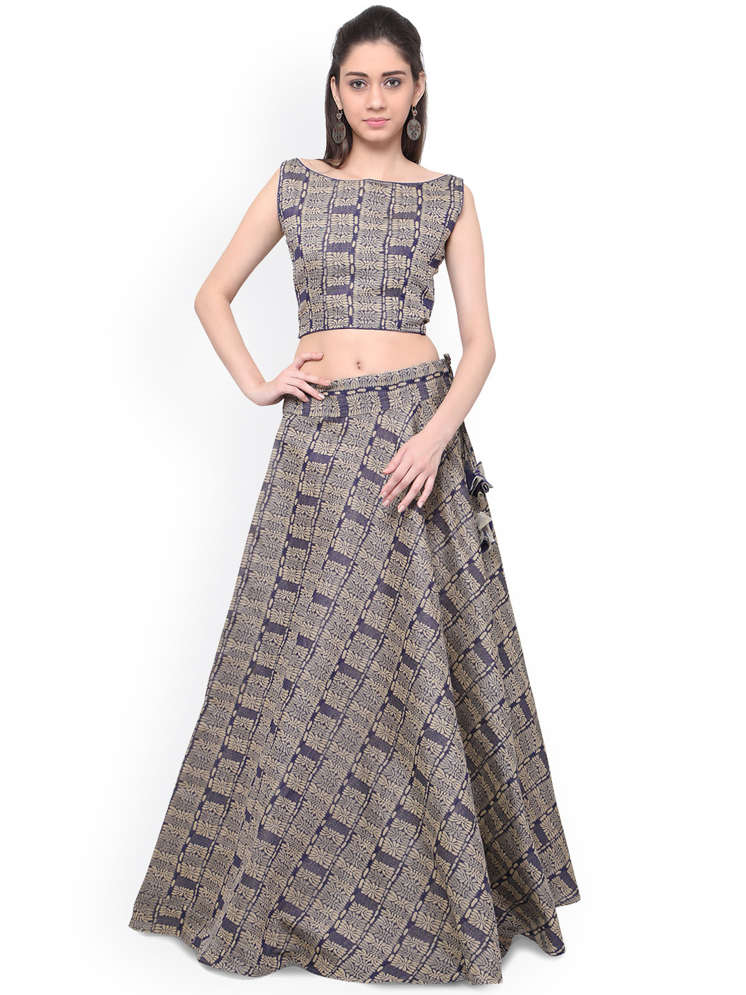 

Inddus Blue Banarasi Block Print Cotton Semi-Stitched Lehenga Choli