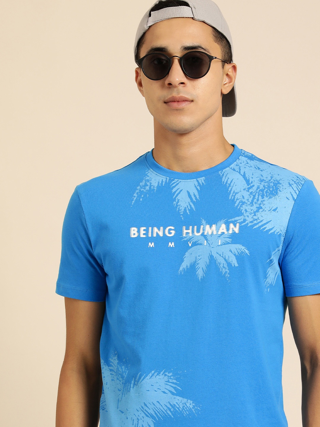 

Being Human Men Blue & White Tropical Printed Pure Cotton T-shirt