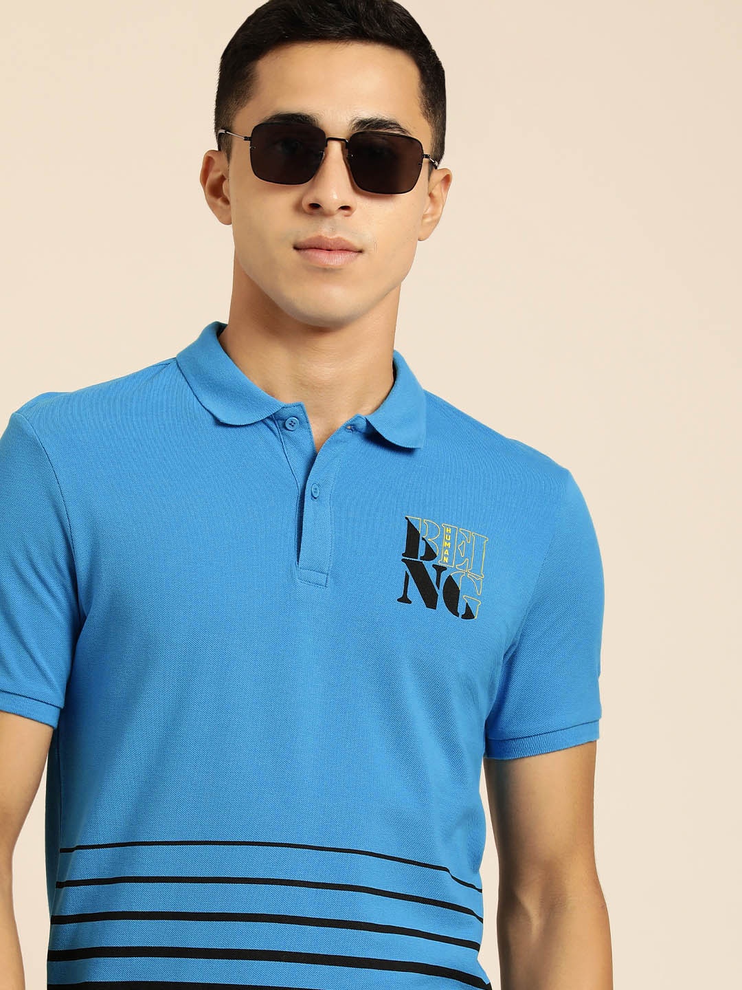 

Being Human Men Blue & Black Brand Logo Printed Pure Cotton Polo Collar T-shirt