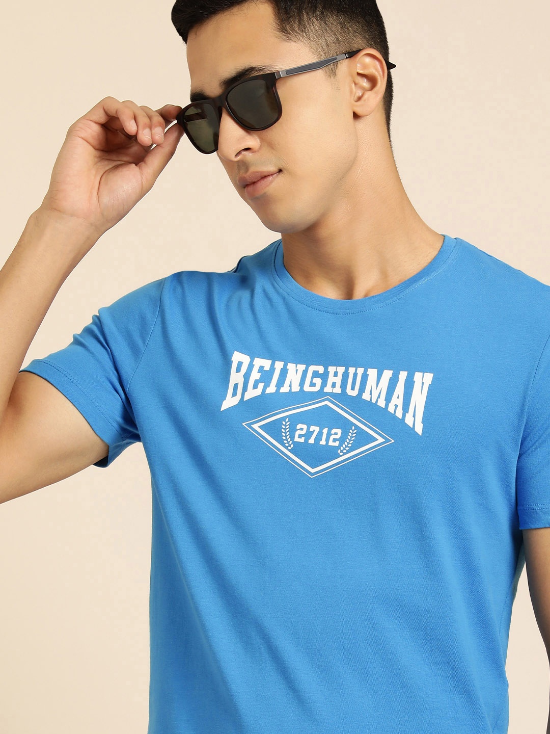 Being Human Men Blue & White Brand Logo Pure Cotton Printed T-shirt