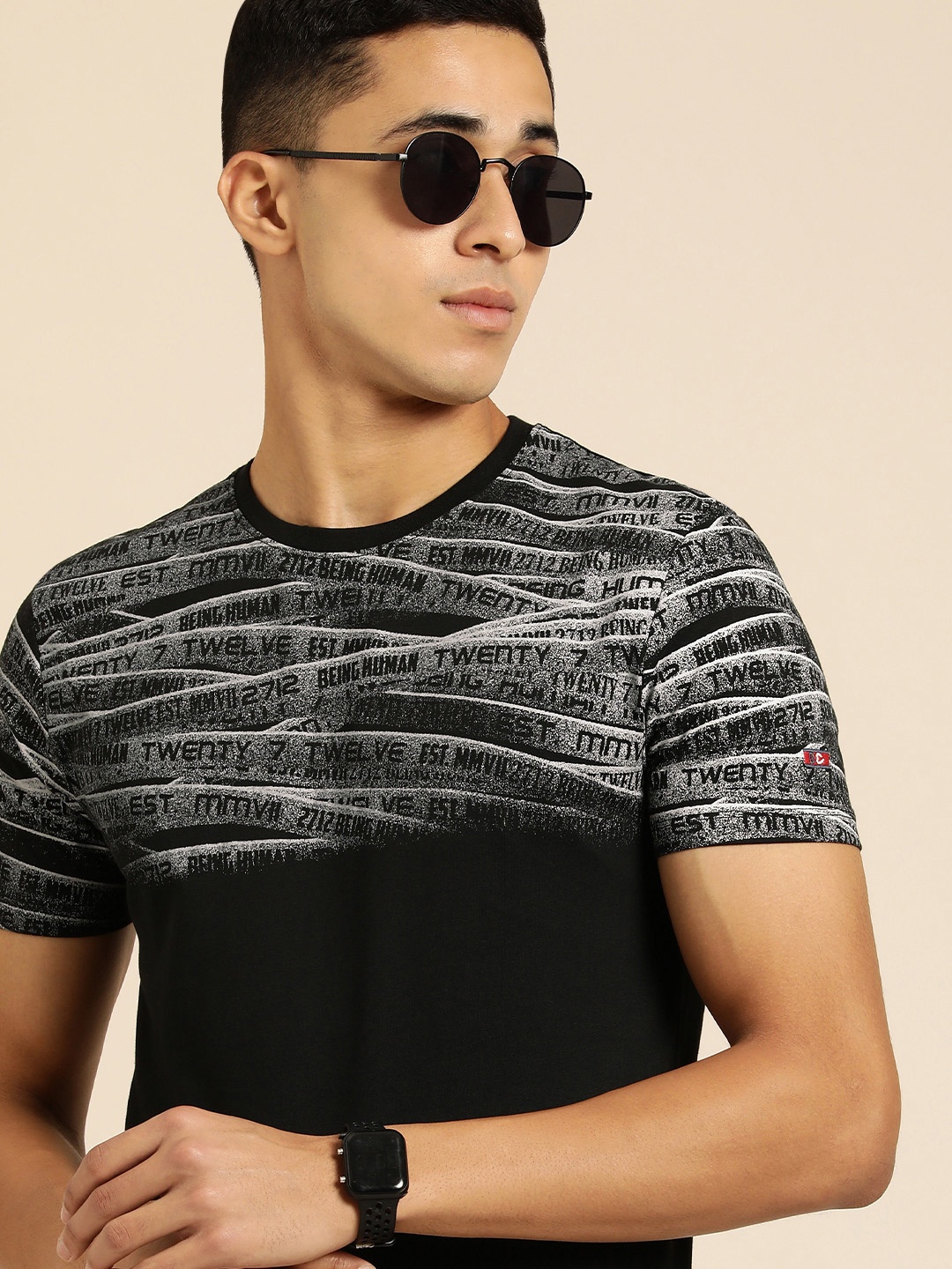 

Being Human Men Black Brand Logo Printed Pure Cotton T-shirt
