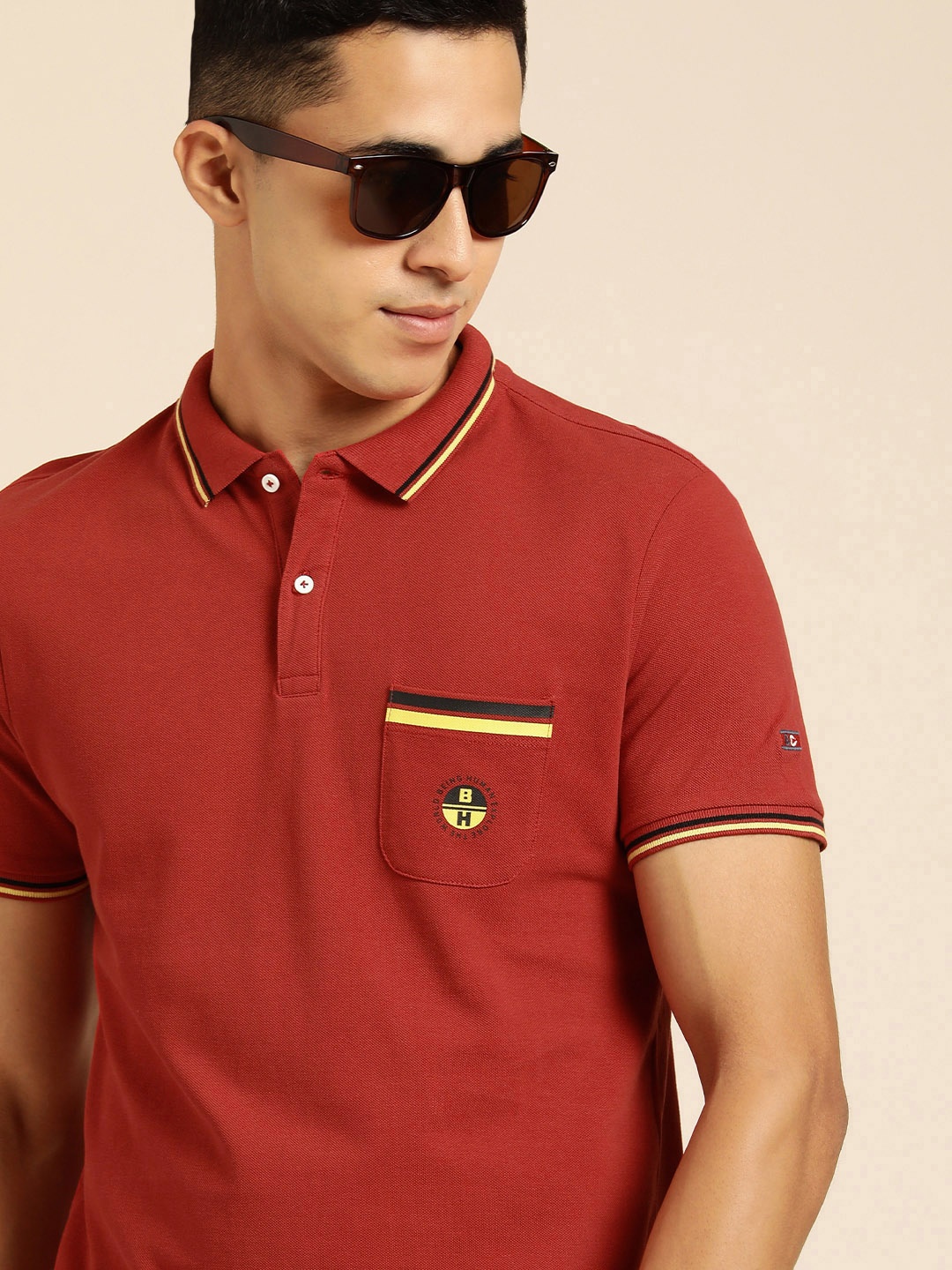 

Being Human Men Red Brand Logo Printed Pure Cotton Polo Collar T-shirt