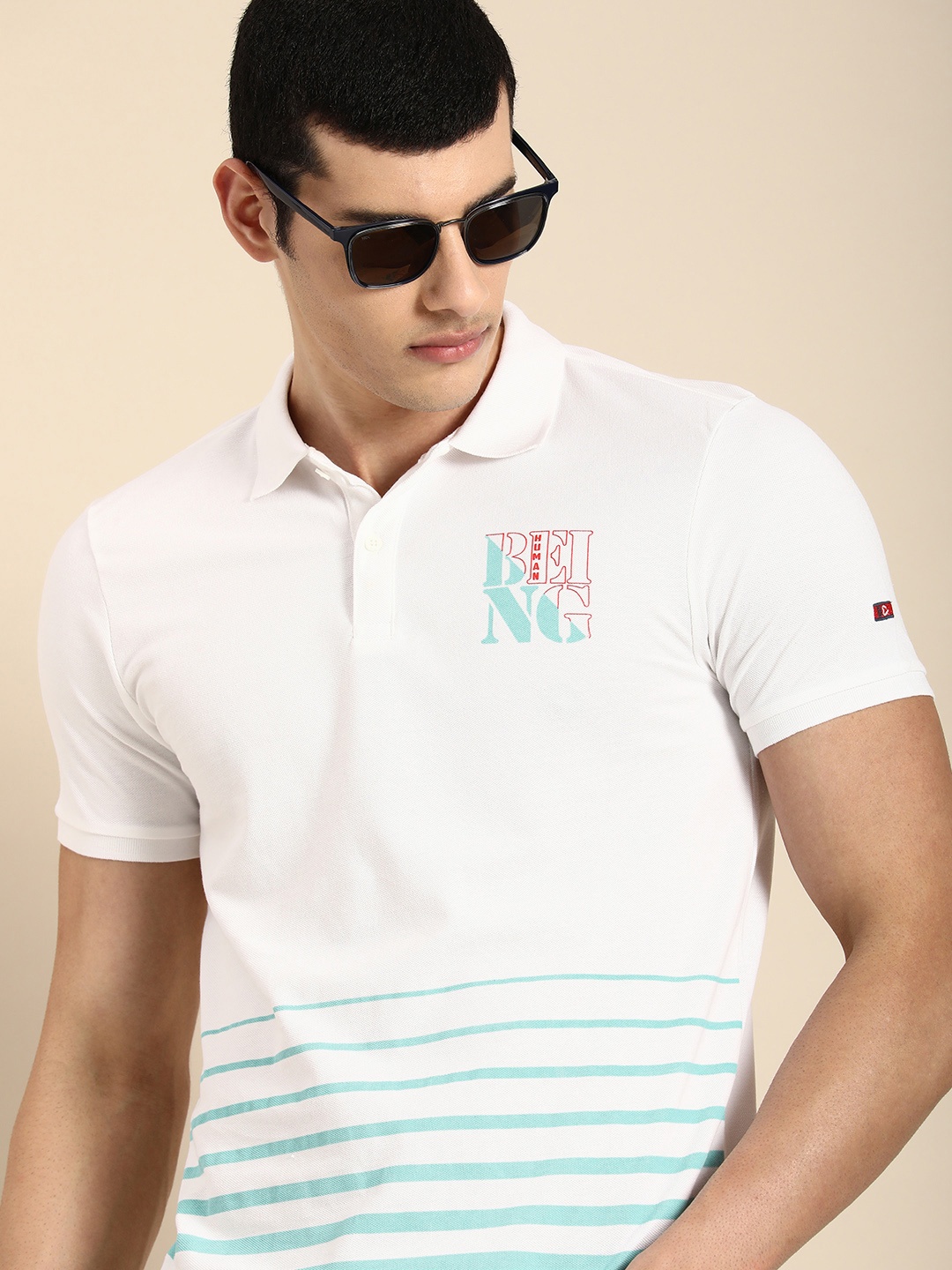 

Being Human Clothing Men Striped Polo Collar Pure Cotton T-shirt, White