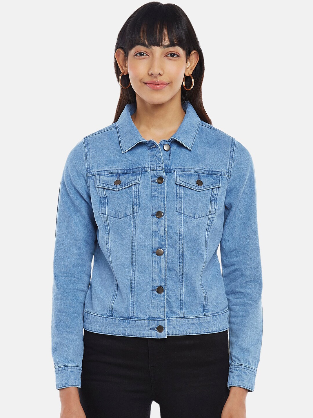 

Honey by Pantaloons Women Blue Washed Long sleeve Crop Denim Jacket