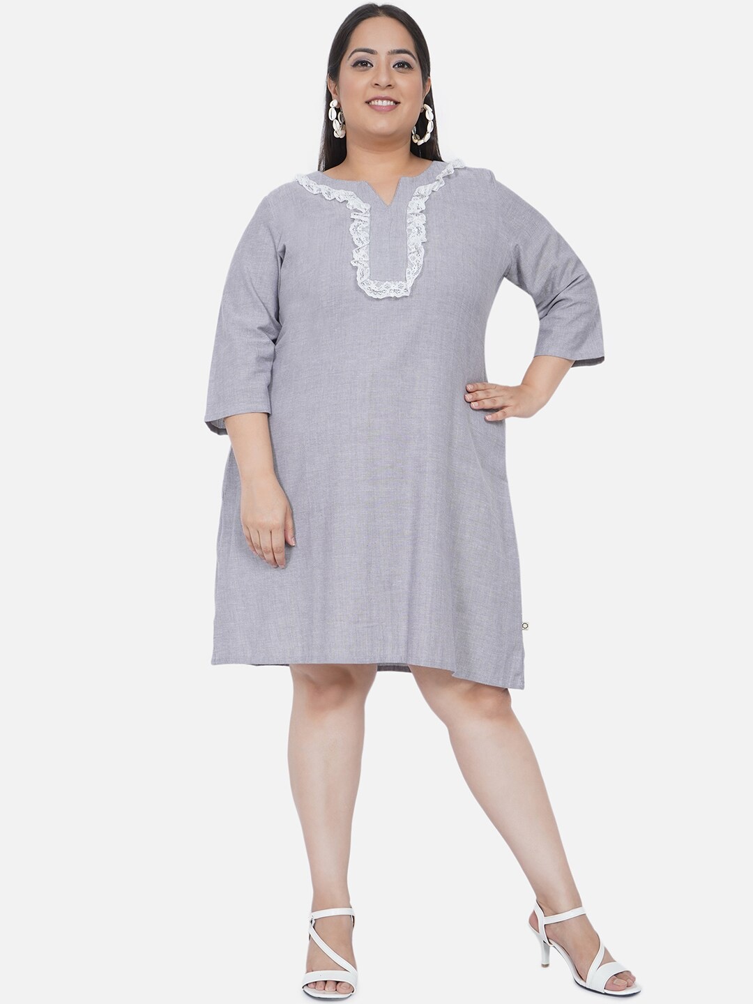 

Fabnest Curve Grey Keyhole Neck Plus Size A-Line Dress