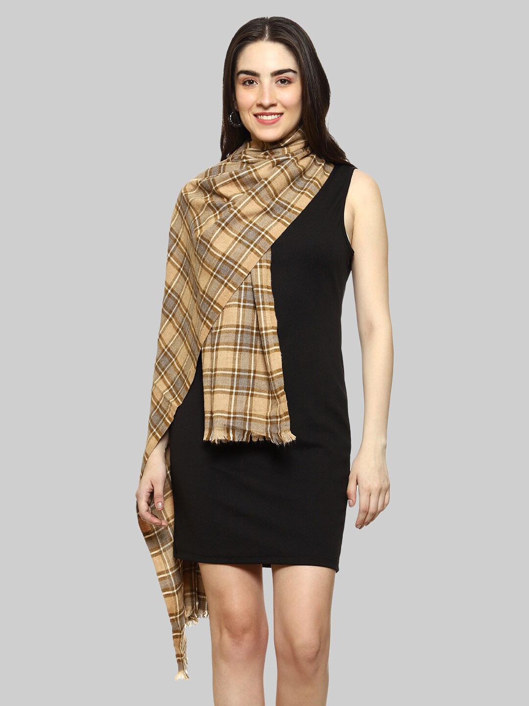 

WEAVERS VILLA Women Brown & Beige Checked Stole