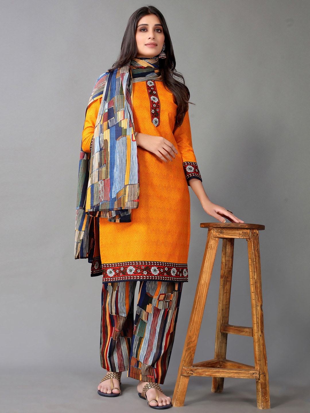 

Satrani Orange & Black Printed Unstitched Dress Material