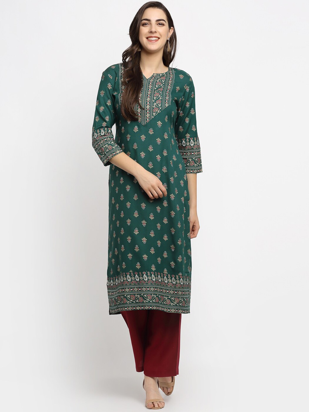 

Rudra Bazaar Women Green Ethnic Motifs Printed Kurta with Palazzos