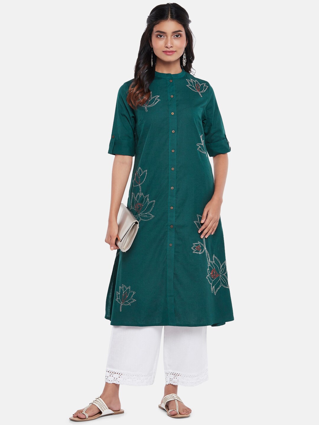 

RANGMANCH BY PANTALOONS Women Teal Ethnic Motifs Embroidered Thread Work Kurta