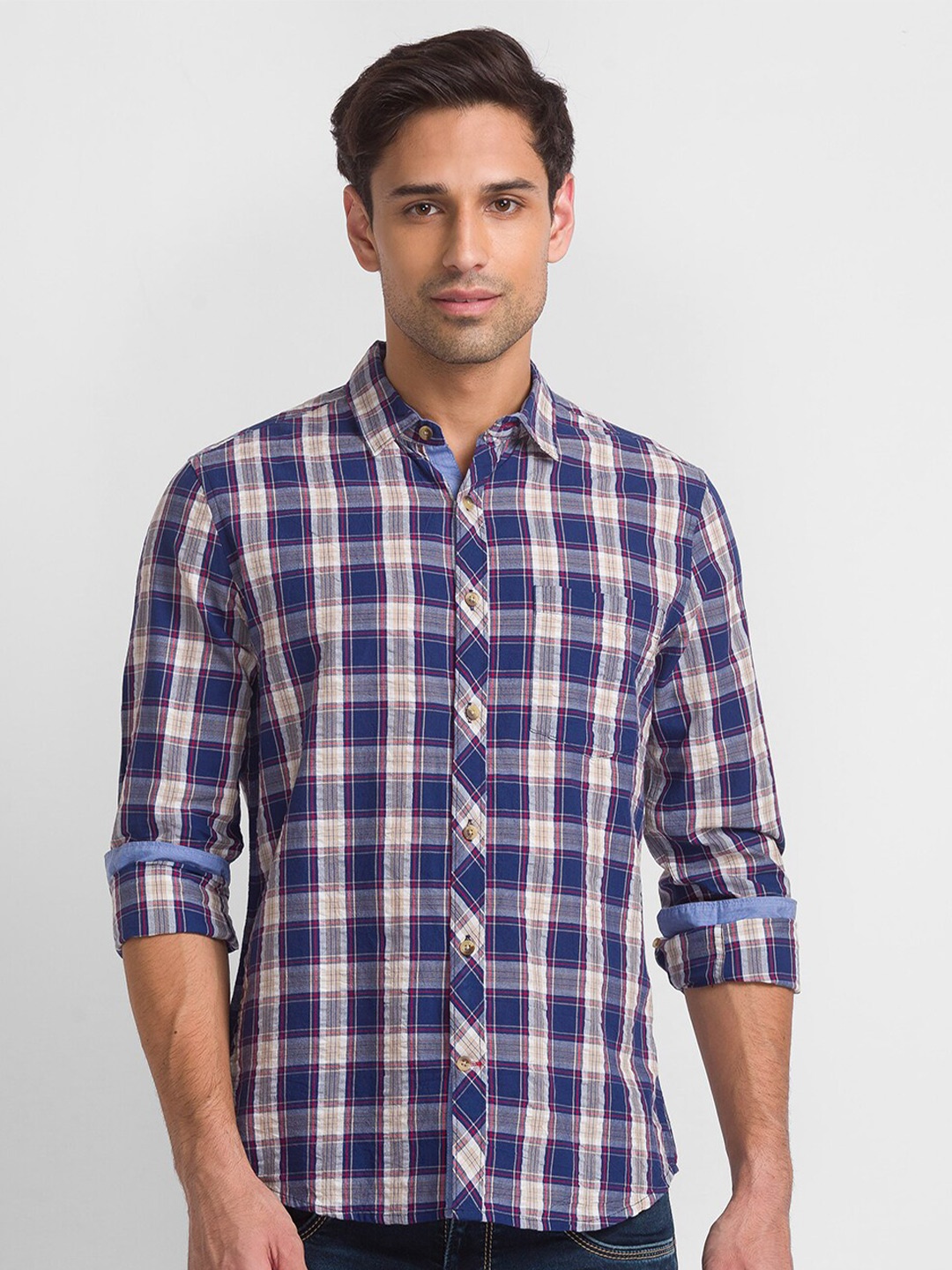 

Globus Men Navy Blue Tartan Checks Checked Casual Cotton Shirt
