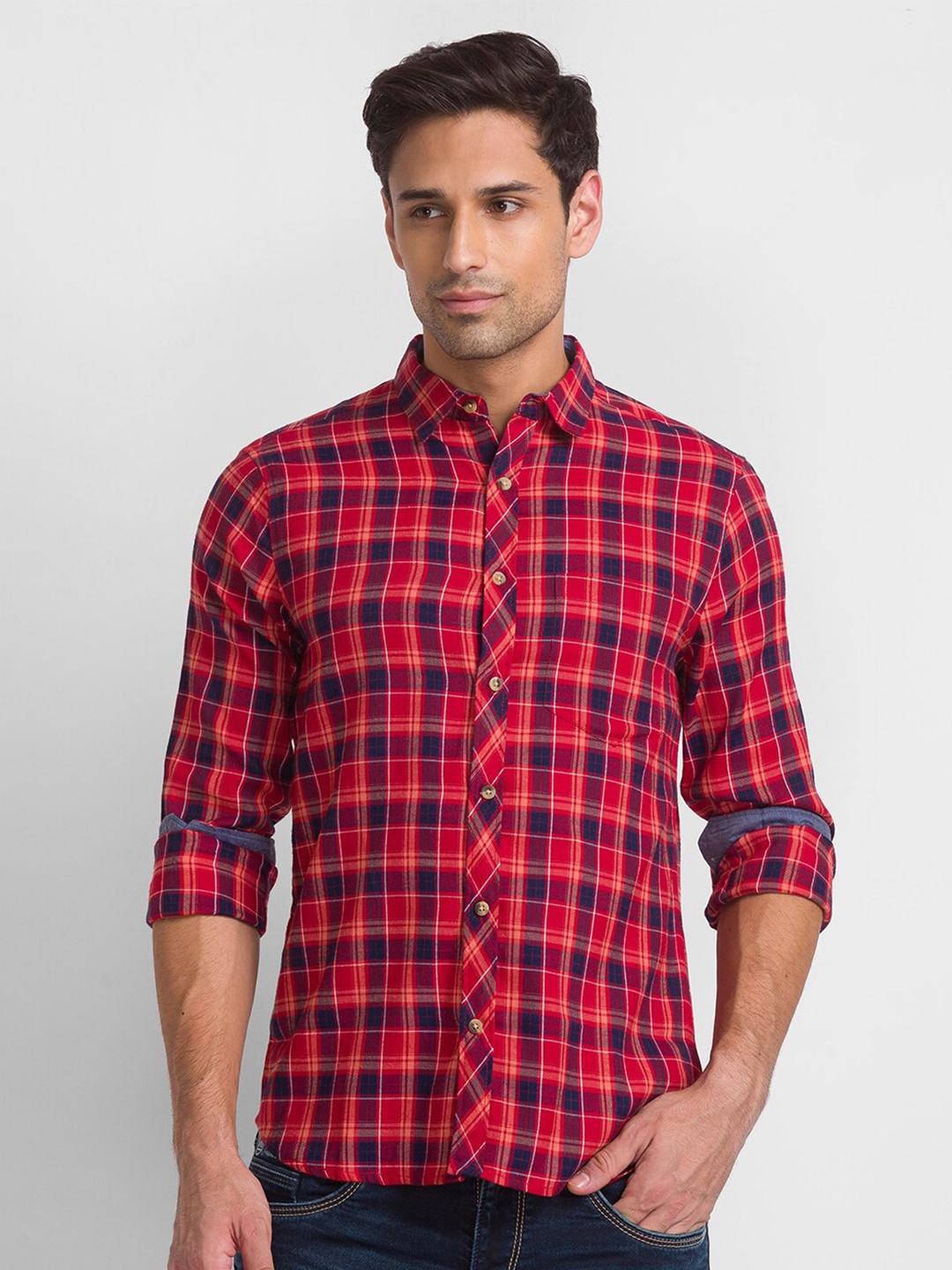 

Globus Men Red Tartan Checks Checked Casual Cotton Shirt