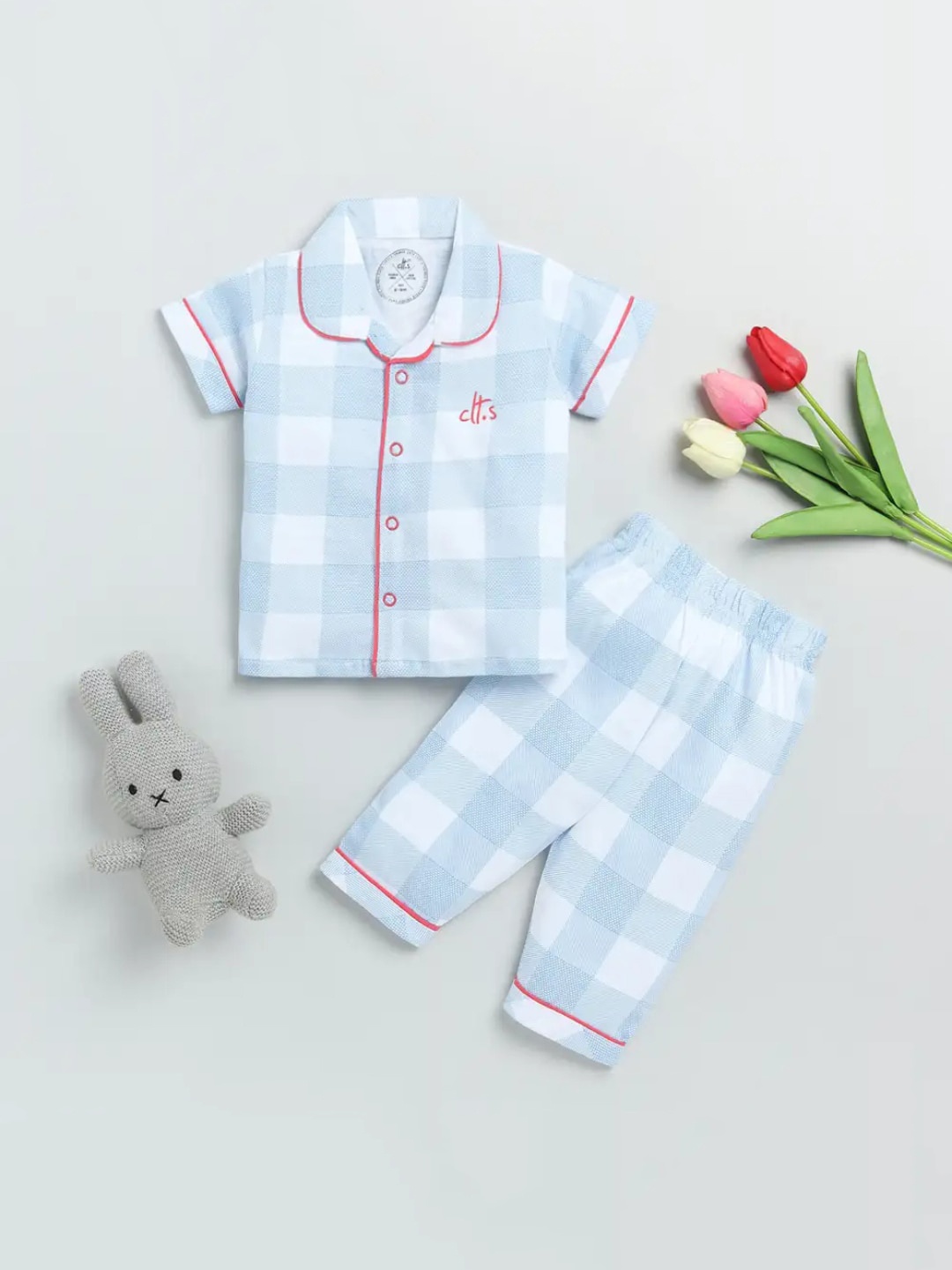 

Clt.s Kids Blue & White Checked Cotton Night suit