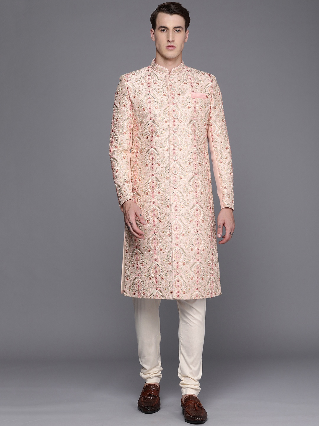 

Manyavar Men Pink Embroidered Sherwani Set