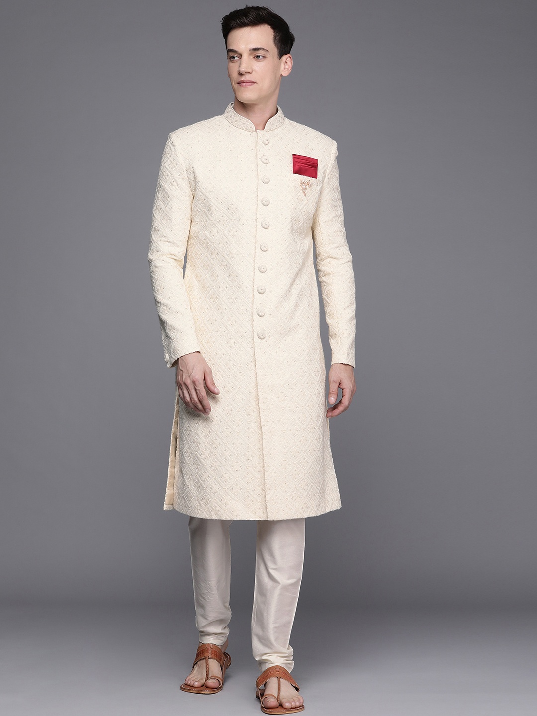 

Manyavar Men Cream-Coloured Chikankari Sherwani Set