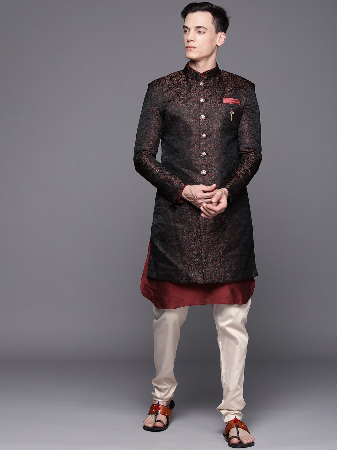

Manyavar Men Maroon & Brown Ethnic Motifs Sherwani and Pencil Pyjama Set