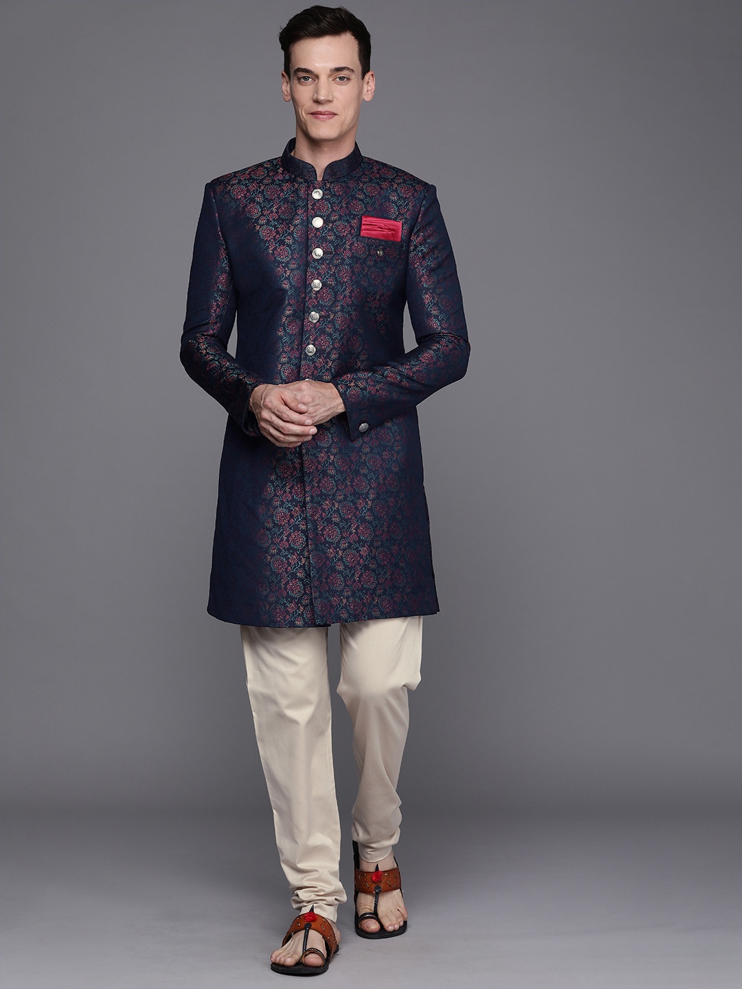

Manyavar Men Blue Printed Brocade Sherwani Set