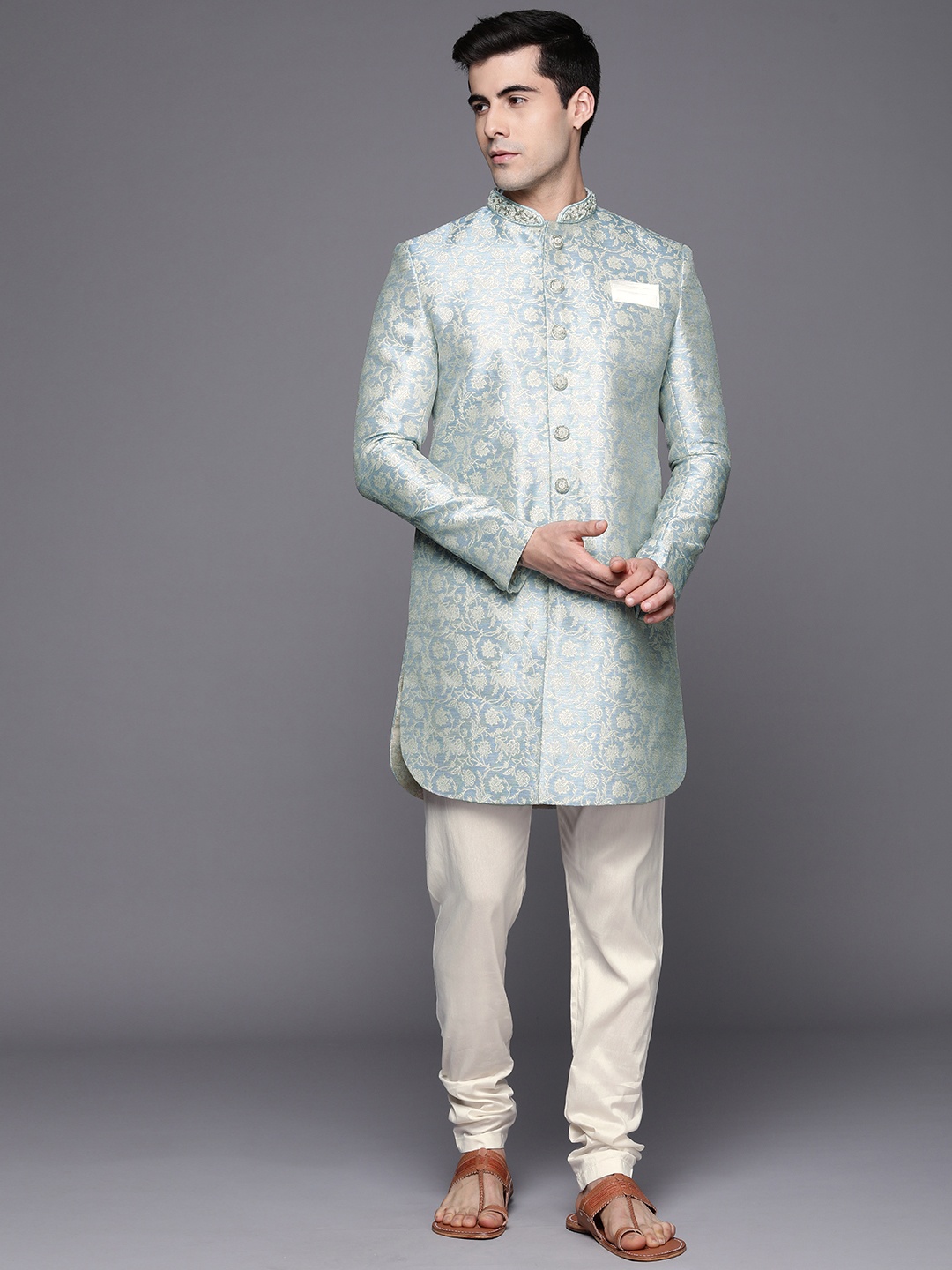 

Manyavar Men Blue & Off-White Ethnic Motifs Silk Blend Sherwani & Churidar Set