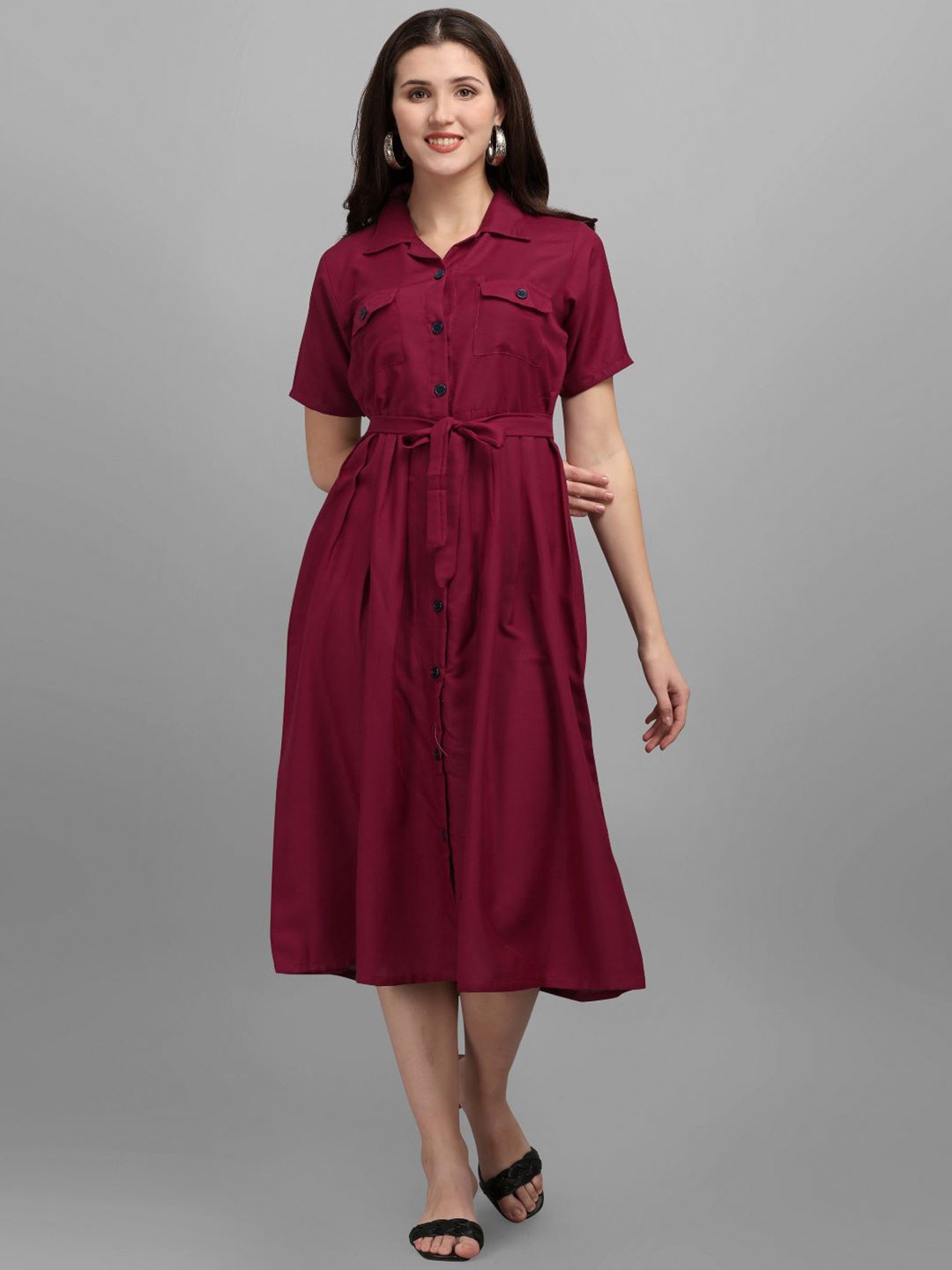 

GUFRINA Maroon Shirt Collar Button Down Shirt Dress