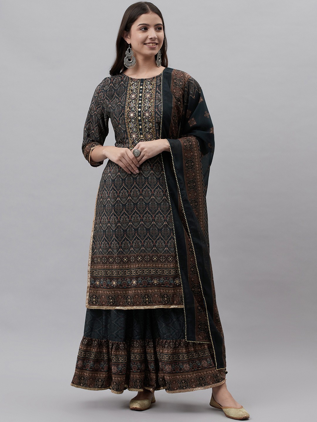 

ZOLA Women Grey Printed Beads and Stones Kurta with Sharara & With Dupatta
