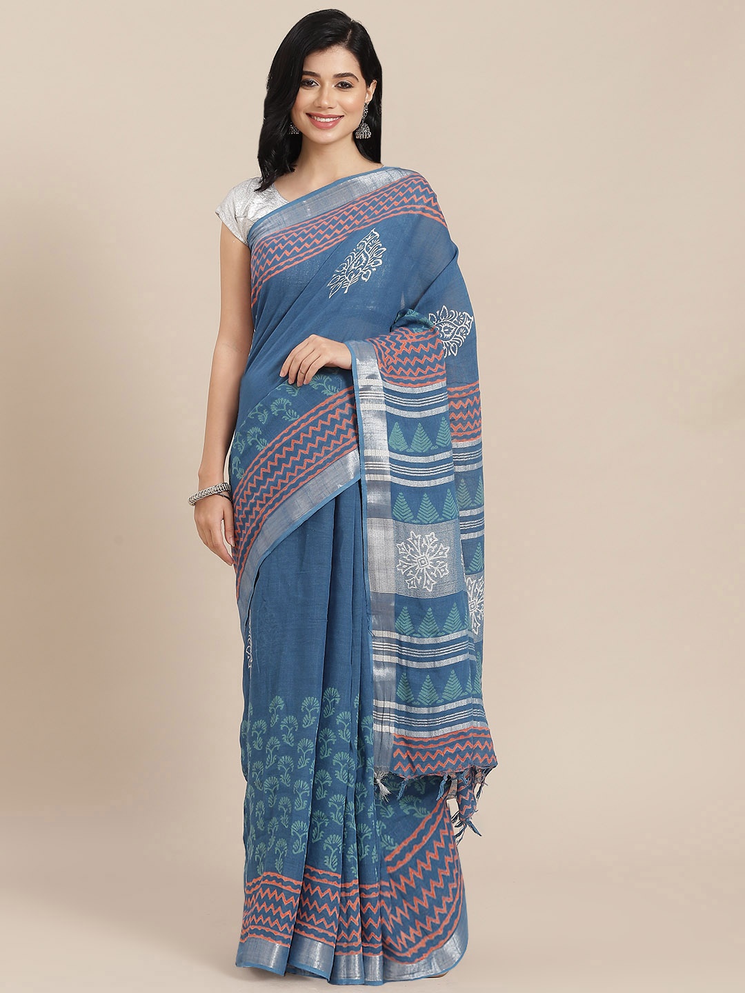 

Yufta Blue & Silver Ethnic Motifs Cotton Linen Saree