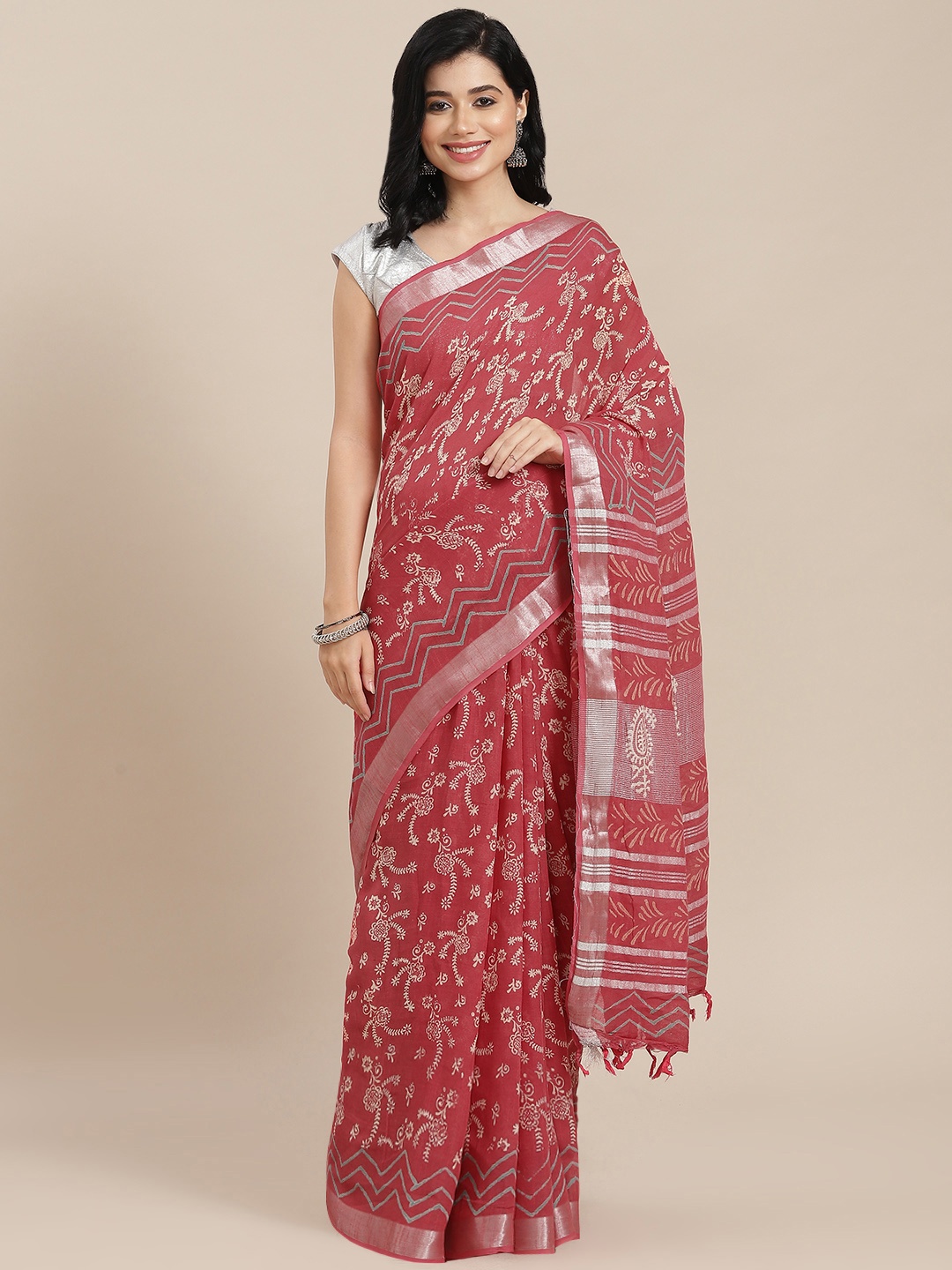 

Yufta Red & Beige Ethnic Motifs Cotton Linen Saree