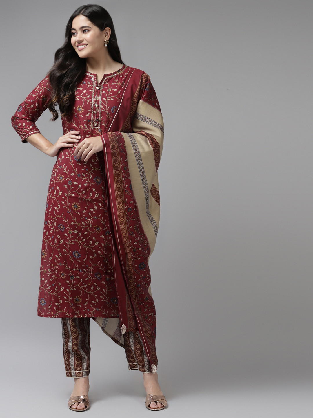 

Yufta Women Maroon Ethnic Motifs Printed Beads and Stones Kurta with Trousers & With Dupatta