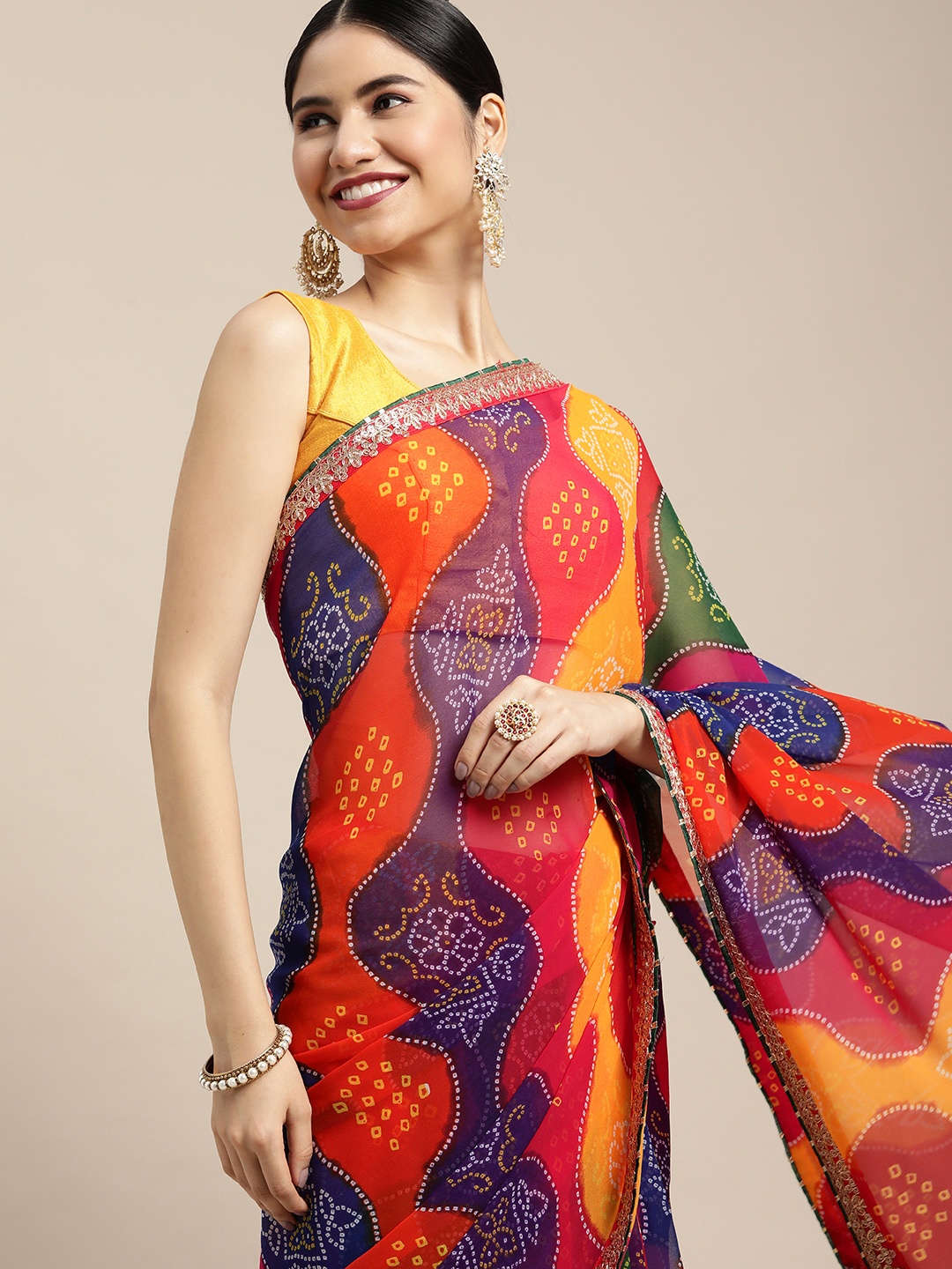 

Mitera Orange & Blue Bandhani Gotta Patti Detail Bandhani Saree
