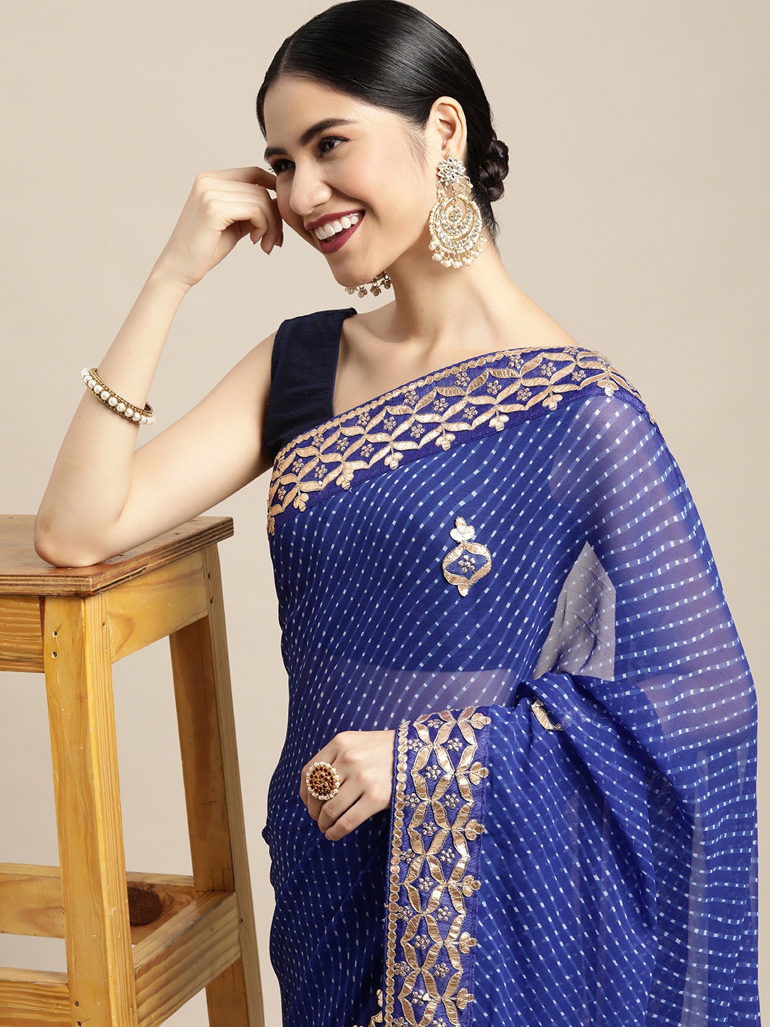 

Mitera Blue & White Bandhani Gotta Patti Bandhani Saree