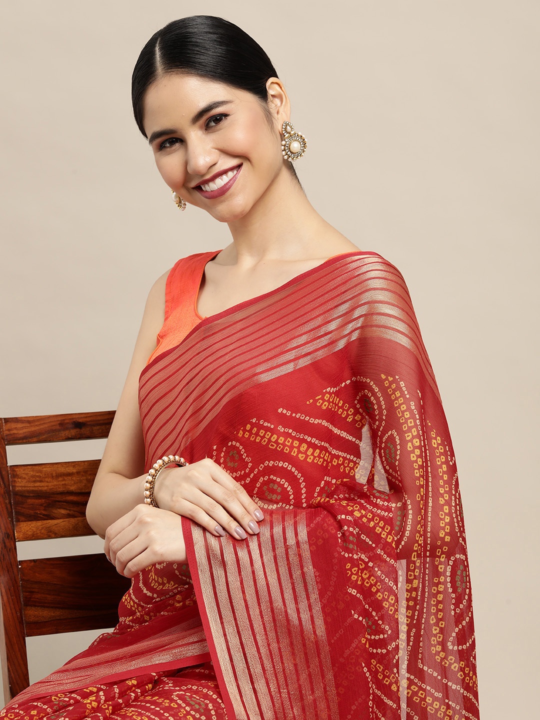 

Mitera Red & Yellow Bandhani Zari Pure Chiffon Bandhani Saree