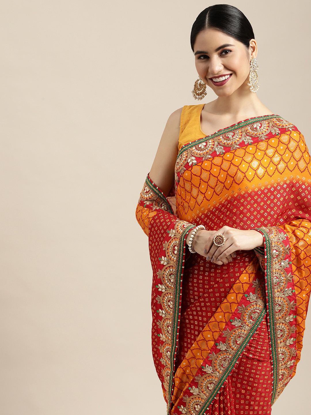 

Mitera Red & Yellow Gotta Patti Pure Chiffon Bandhani Saree