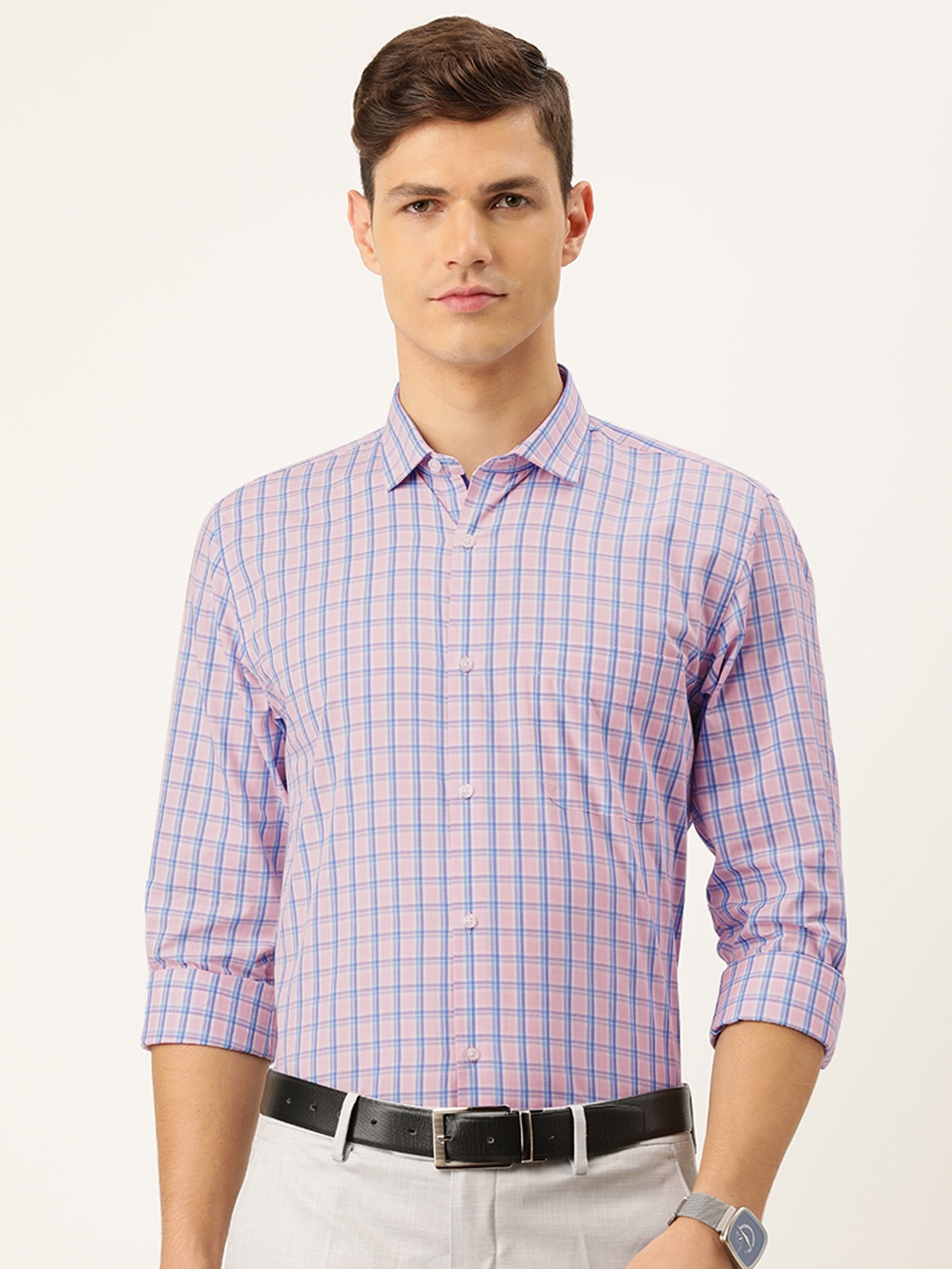 

Peter England Men Pink Slim Fit Checked Formal Shirt