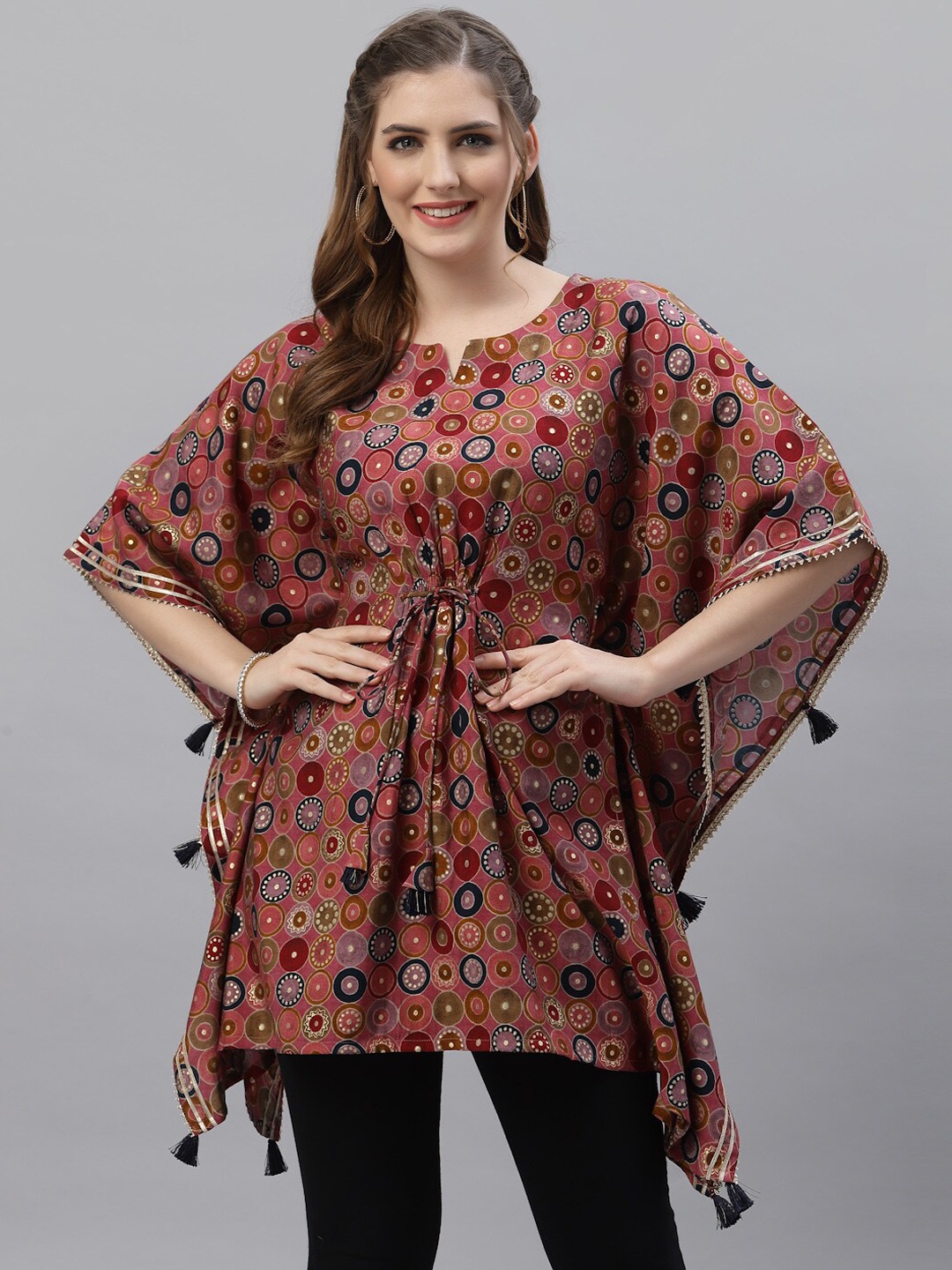 

TANKHI Pink Floral Printed Flared Sleeves Modal Pleated Kaftan Kurti