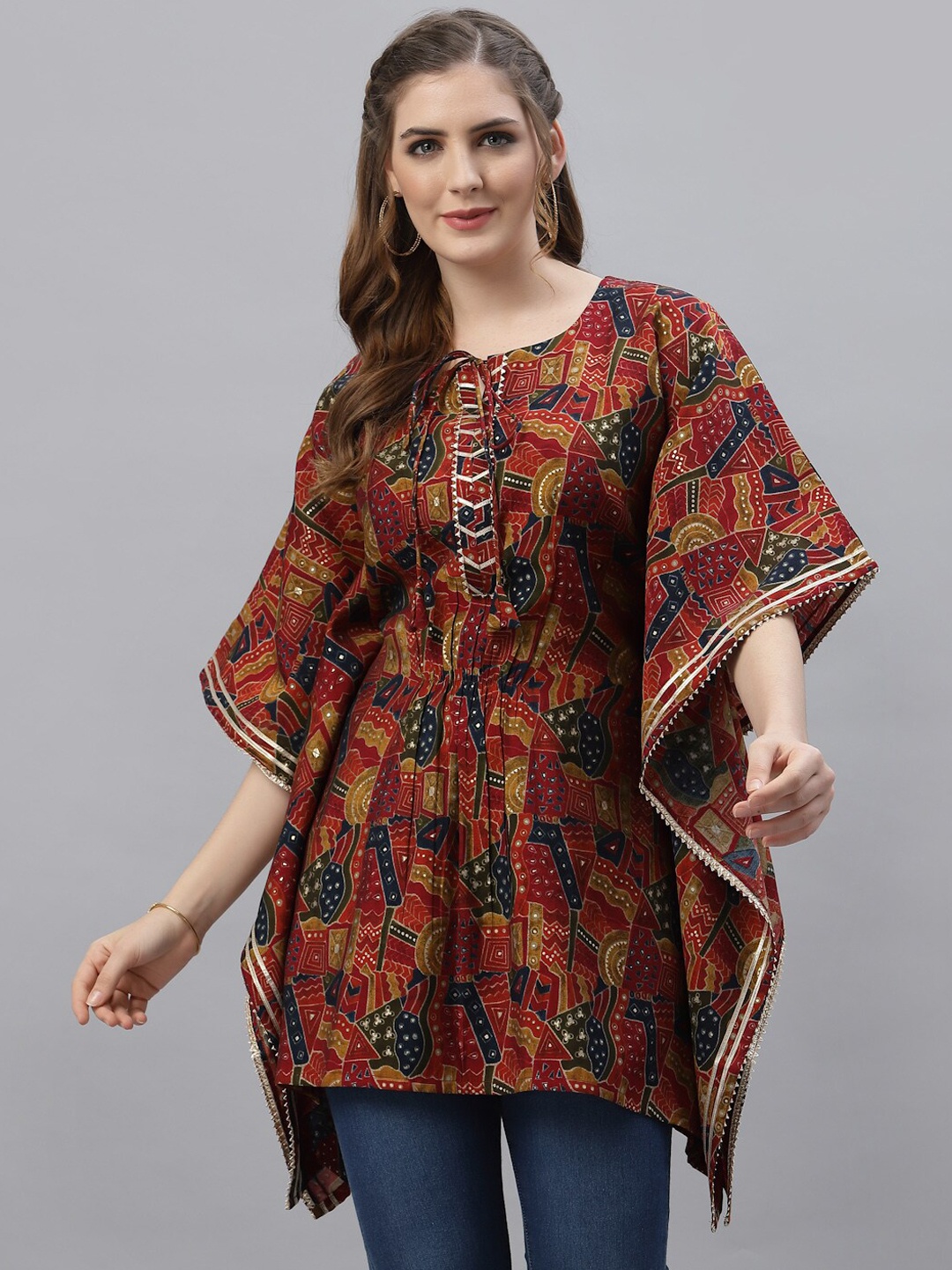 

TANKHI Women Red Printed Flared Sleeves Thread Work Kaftan Kurta