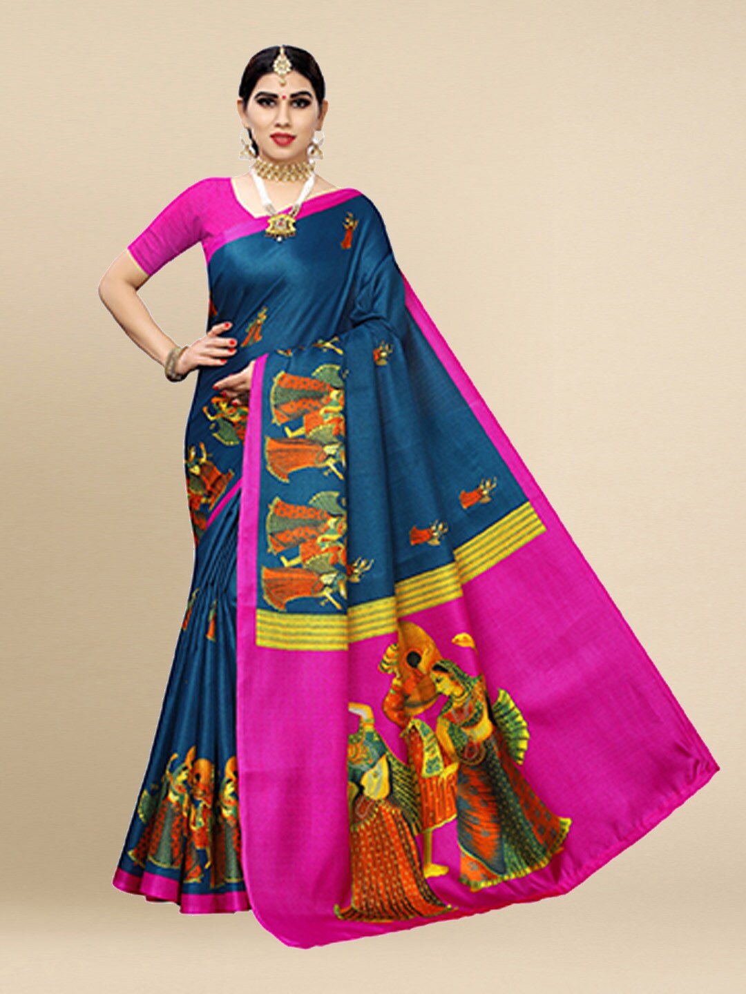 

Poshyaa Turquoise Blue & Magenta Ethnic Motifs Art Silk Khadi Saree