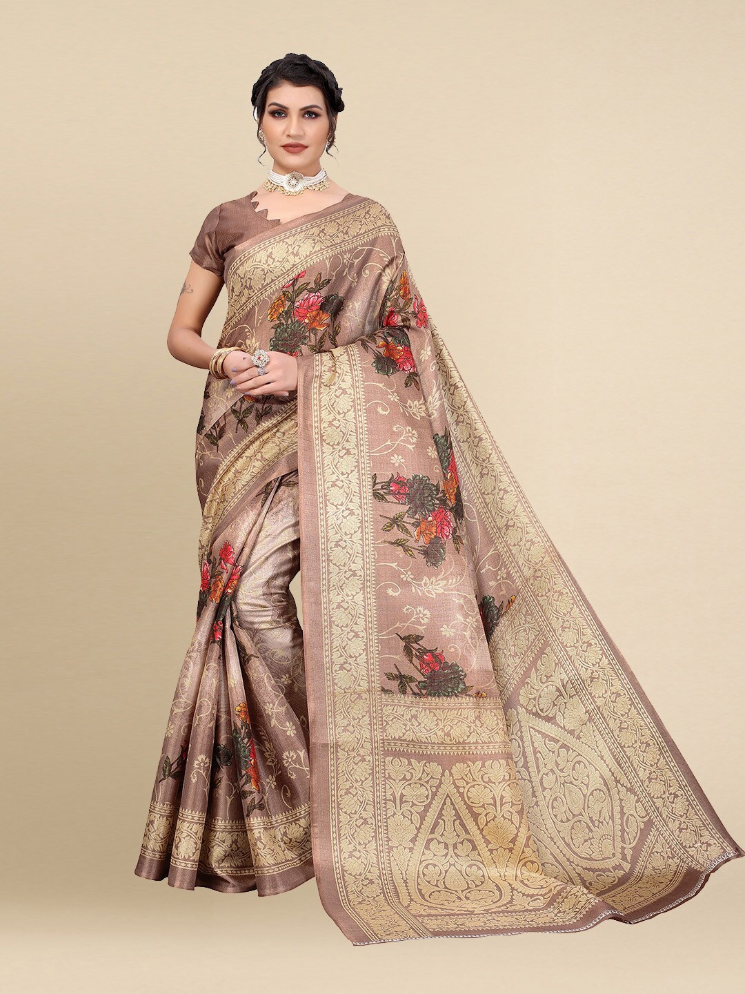 

Poshyaa Brown & Red Floral Printed Art Silk Khadi Saree